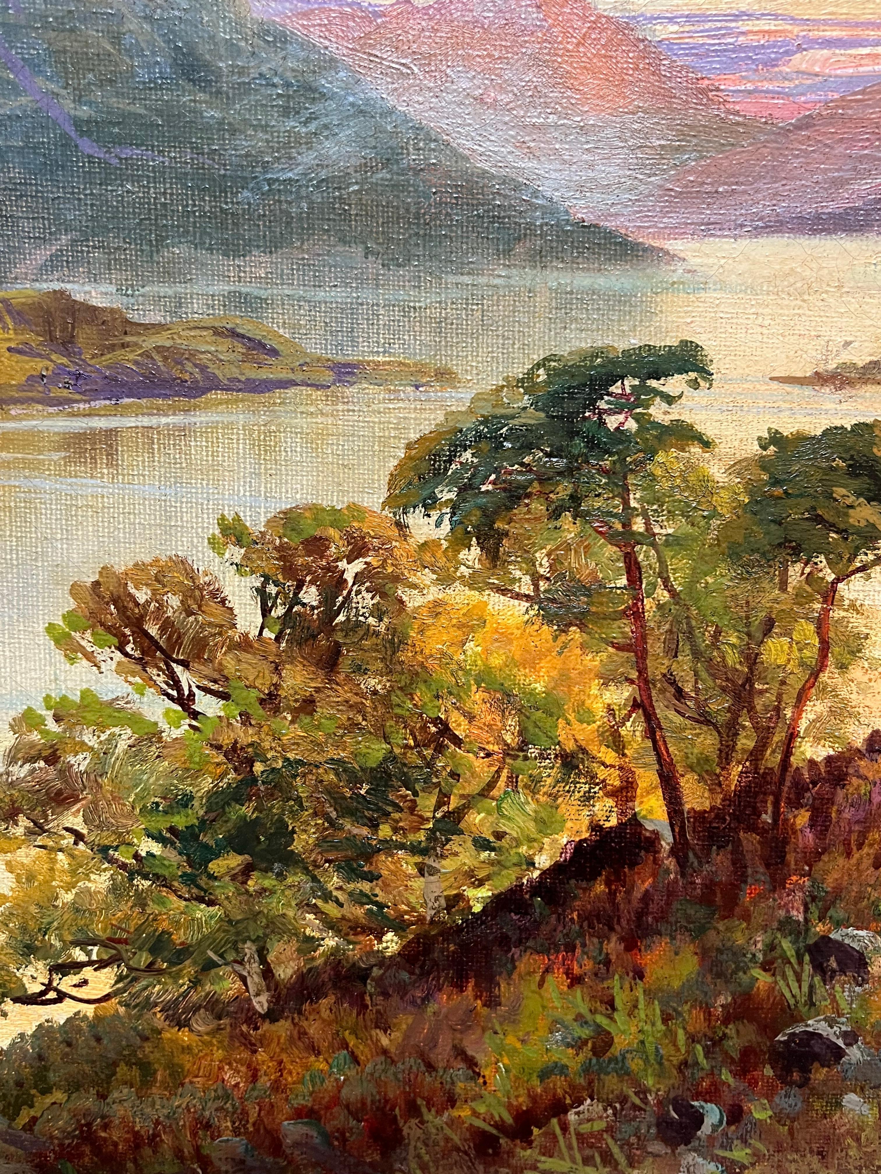 Antico dipinto a olio su tela con firma di un pittore delle Highlands scozzesi con scena del lago al tramonto in vendita 2