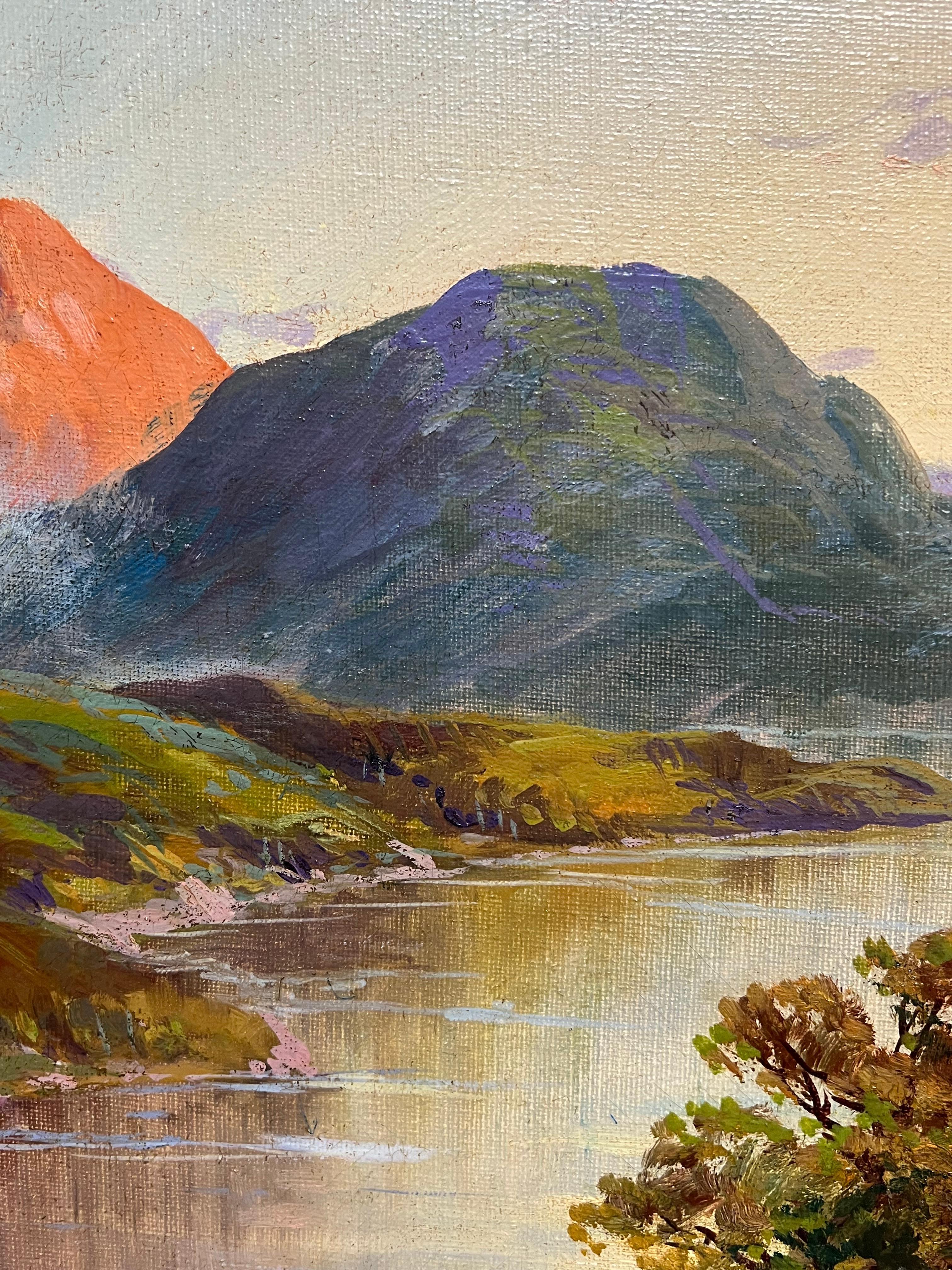 Antico dipinto a olio su tela con firma di un pittore delle Highlands scozzesi con scena del lago al tramonto in vendita 3