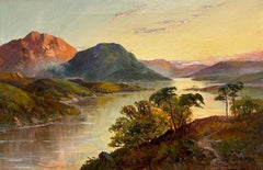 Pintura al óleo sobre lienzo firmada Antigua Escena de un lago en las Tierras Altas de Escocia al atardecer