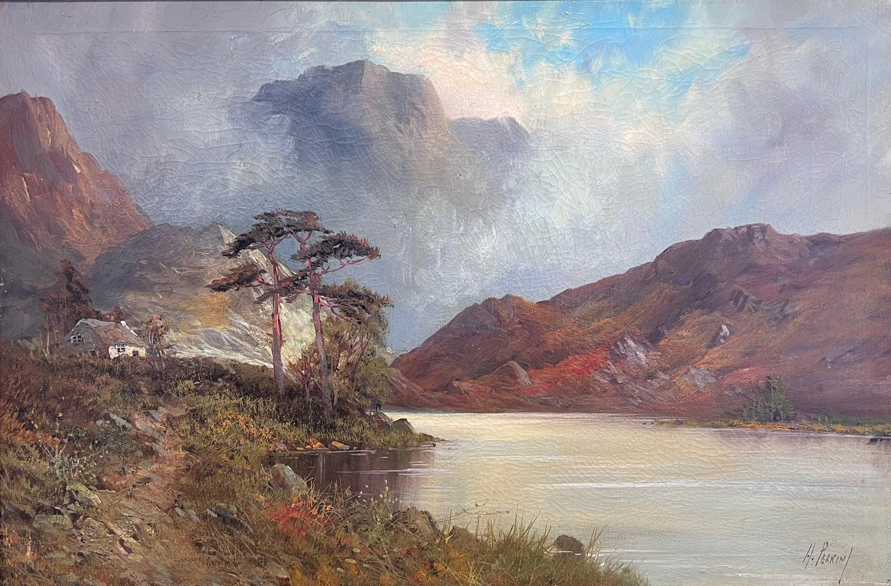 Pintura al óleo sobre lienzo firmada Antigua Escena de un lago en las Tierras Altas de Escocia - Painting de F. E. Jamieson