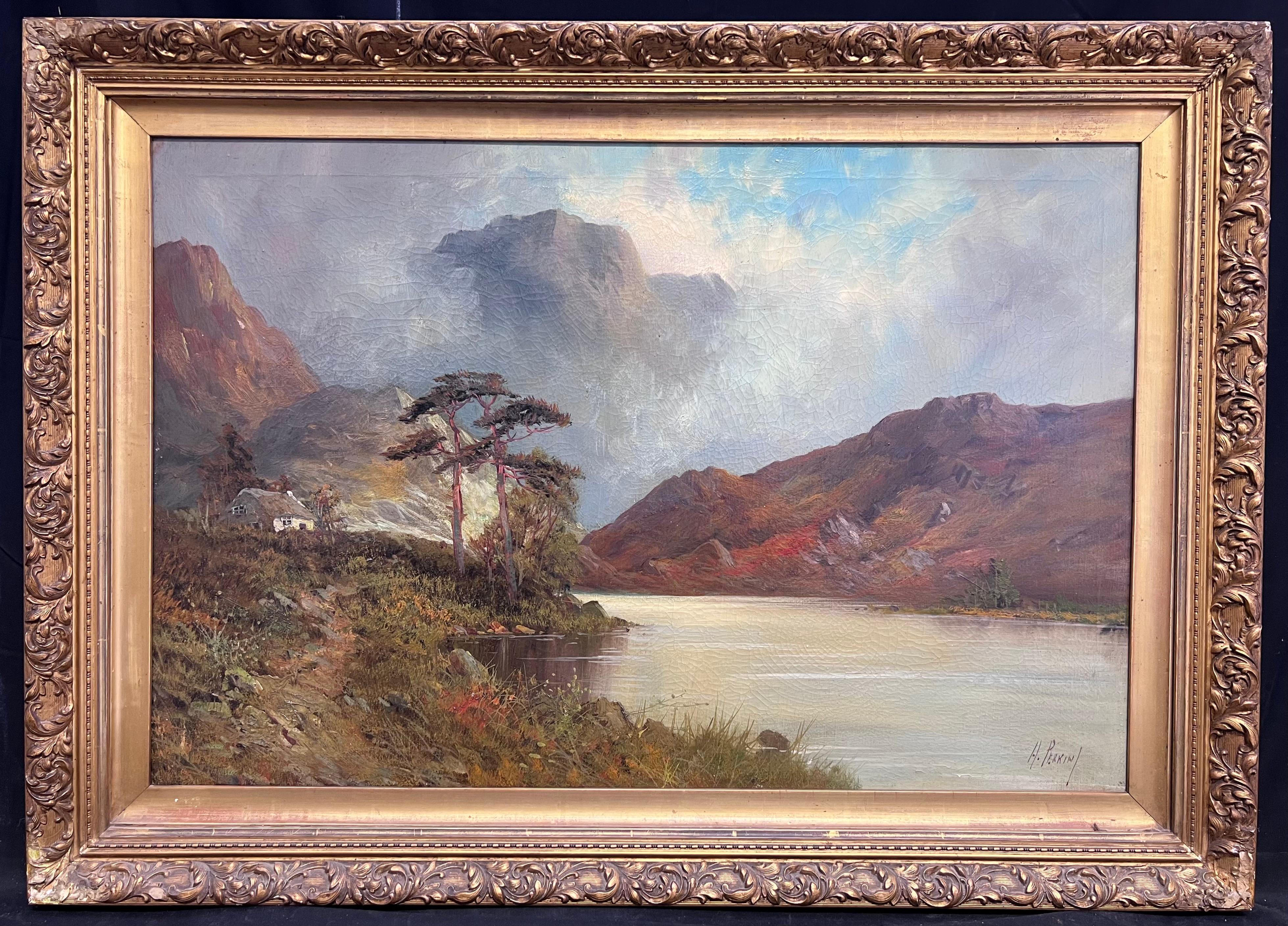 Pintura al óleo sobre lienzo firmada Antigua Escena de un lago en las Tierras Altas de Escocia - Painting Victoriano de F. E. Jamieson