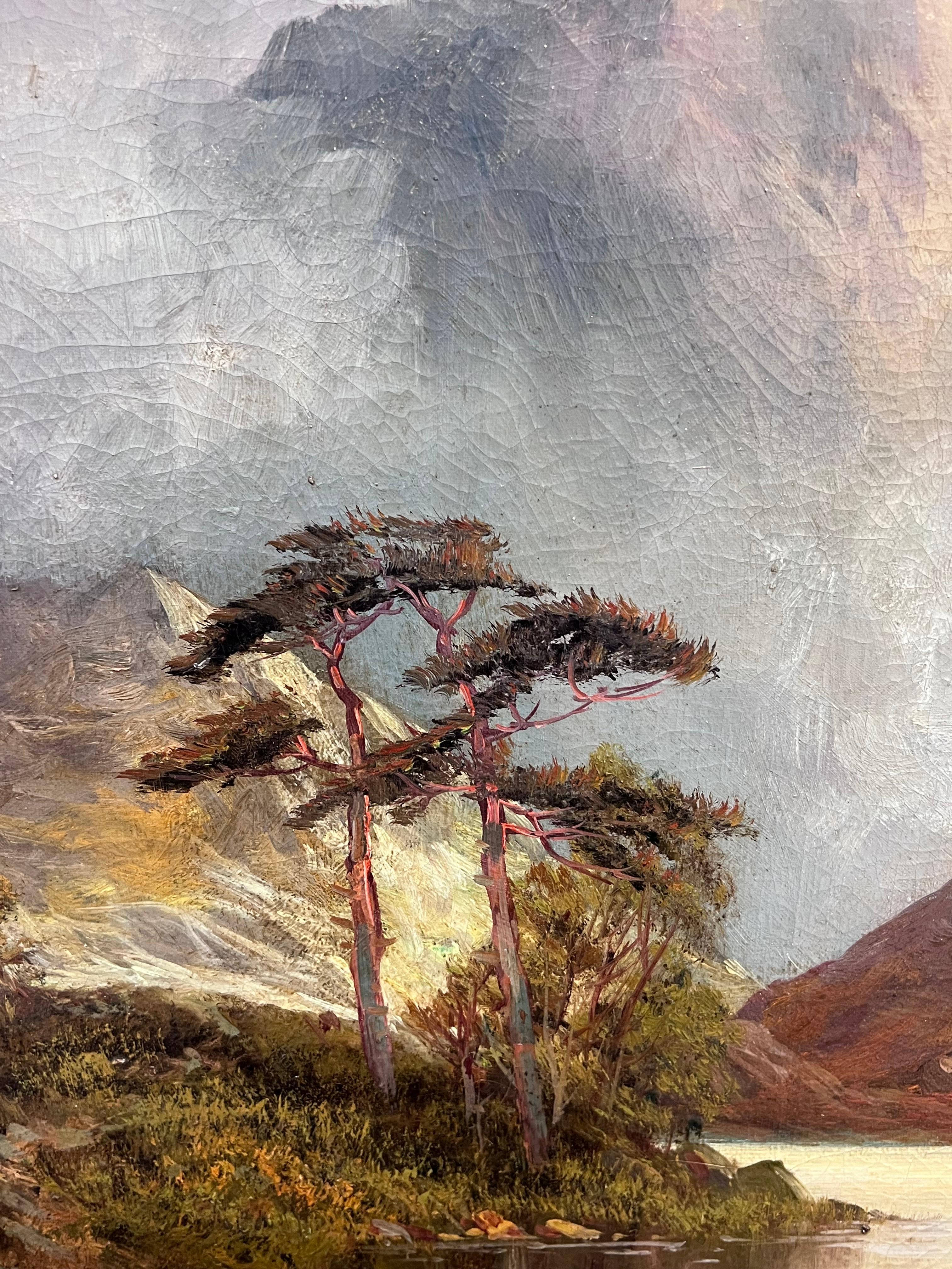 Pintura al óleo sobre lienzo firmada Antigua Escena de un lago en las Tierras Altas de Escocia en venta 1