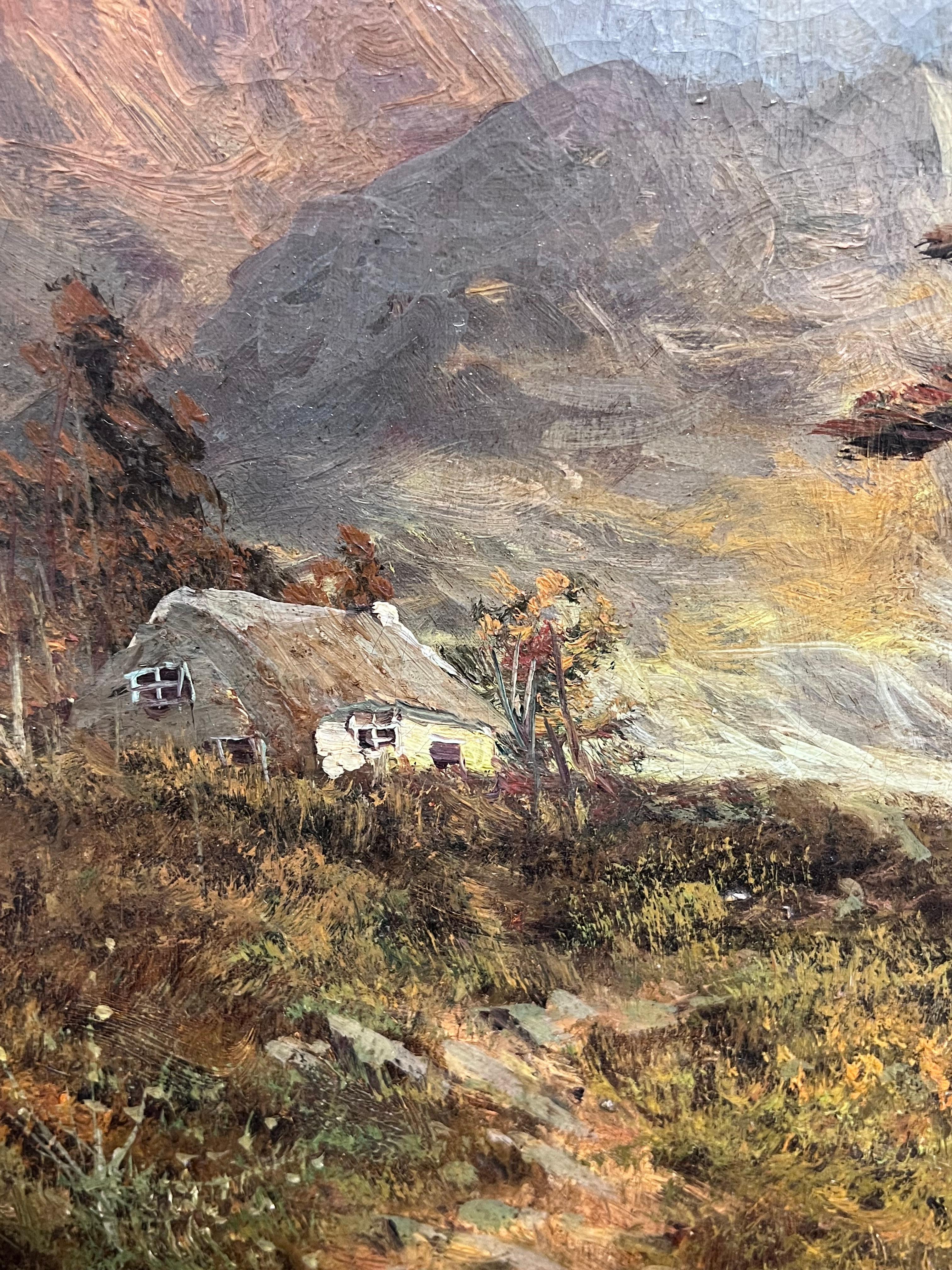 Pintura al óleo sobre lienzo firmada Antigua Escena de un lago en las Tierras Altas de Escocia en venta 2