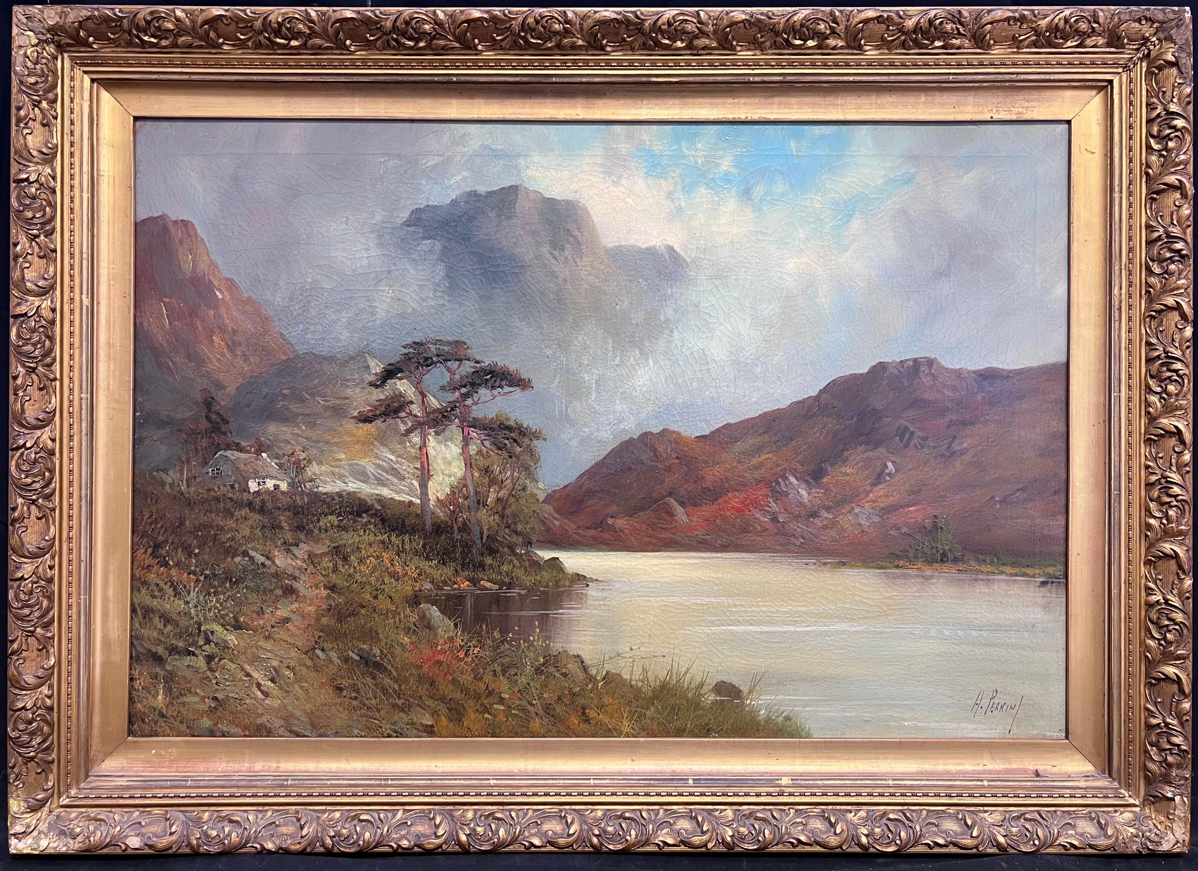 Landscape Painting de F. E. Jamieson - Pintura al óleo sobre lienzo firmada Antigua Escena de un lago en las Tierras Altas de Escocia