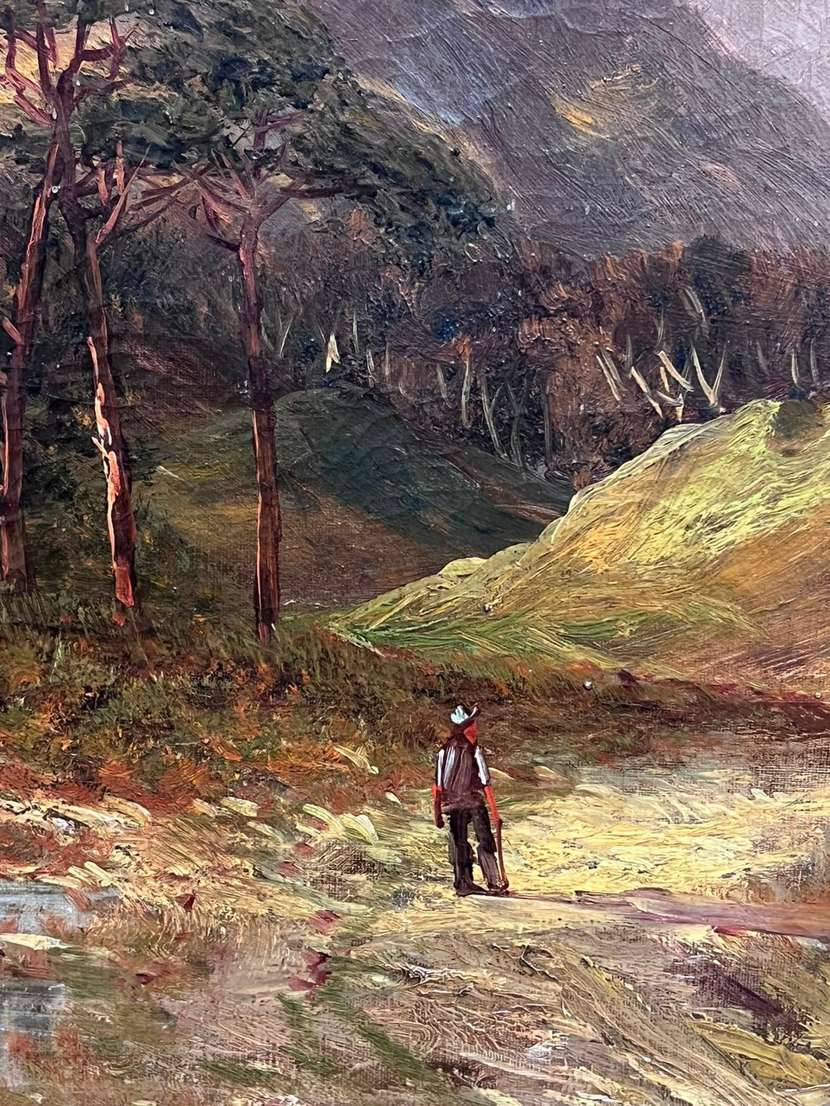 Antique Scottish Highlands Oil Painting Figure Walking in Mountain Glen For Sale 6