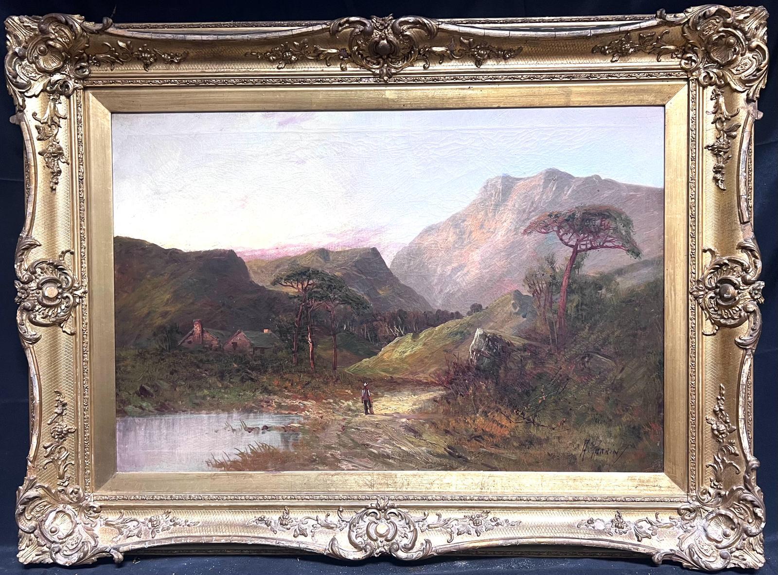 F. E. Jamieson Landscape Painting - Antique Scottish Highlands Oil Painting Figure Walking in Mountain Glen