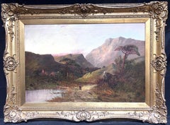 Antique Scottish Highlands Oil Painting Figure Walking in Mountain Glen