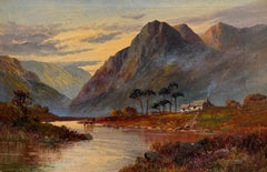 Antique Scottish Highlands Oil Painting Glencoe River Sunset Landscape Signed