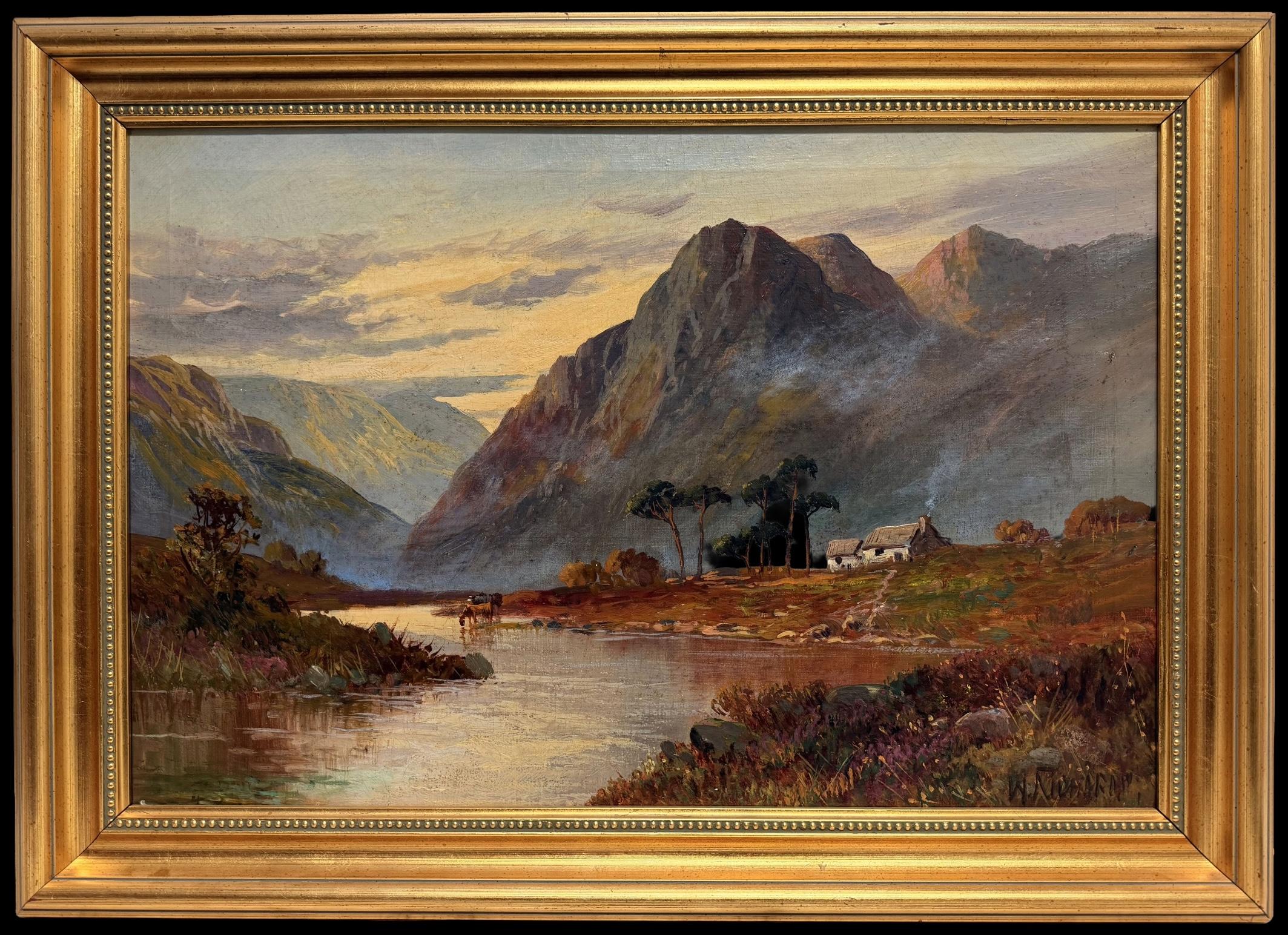 Antikes Ölgemälde aus den schottischen Highlands: Landschaft am Glencoe River bei Sonnenuntergang, signiert