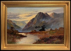 Antique Scottish Highlands Oil Painting Glencoe River Sunset Landscape Signed