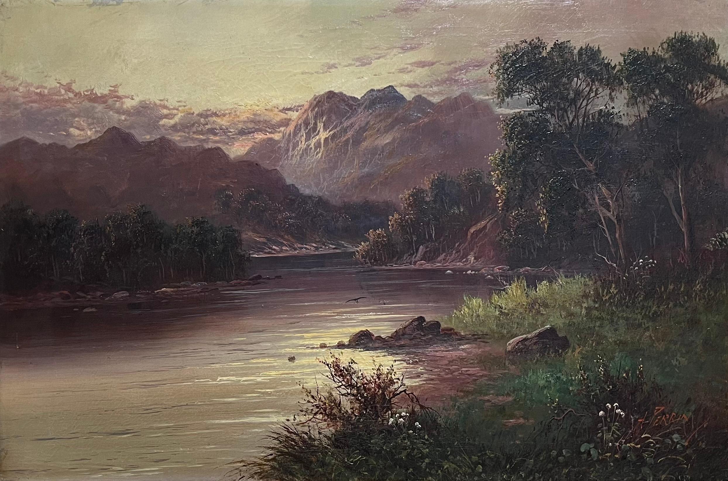 Antico dipinto a olio delle Highlands scozzesi Golden Hour Majestic Highland Loch Scene - Painting di F. E. Jamieson