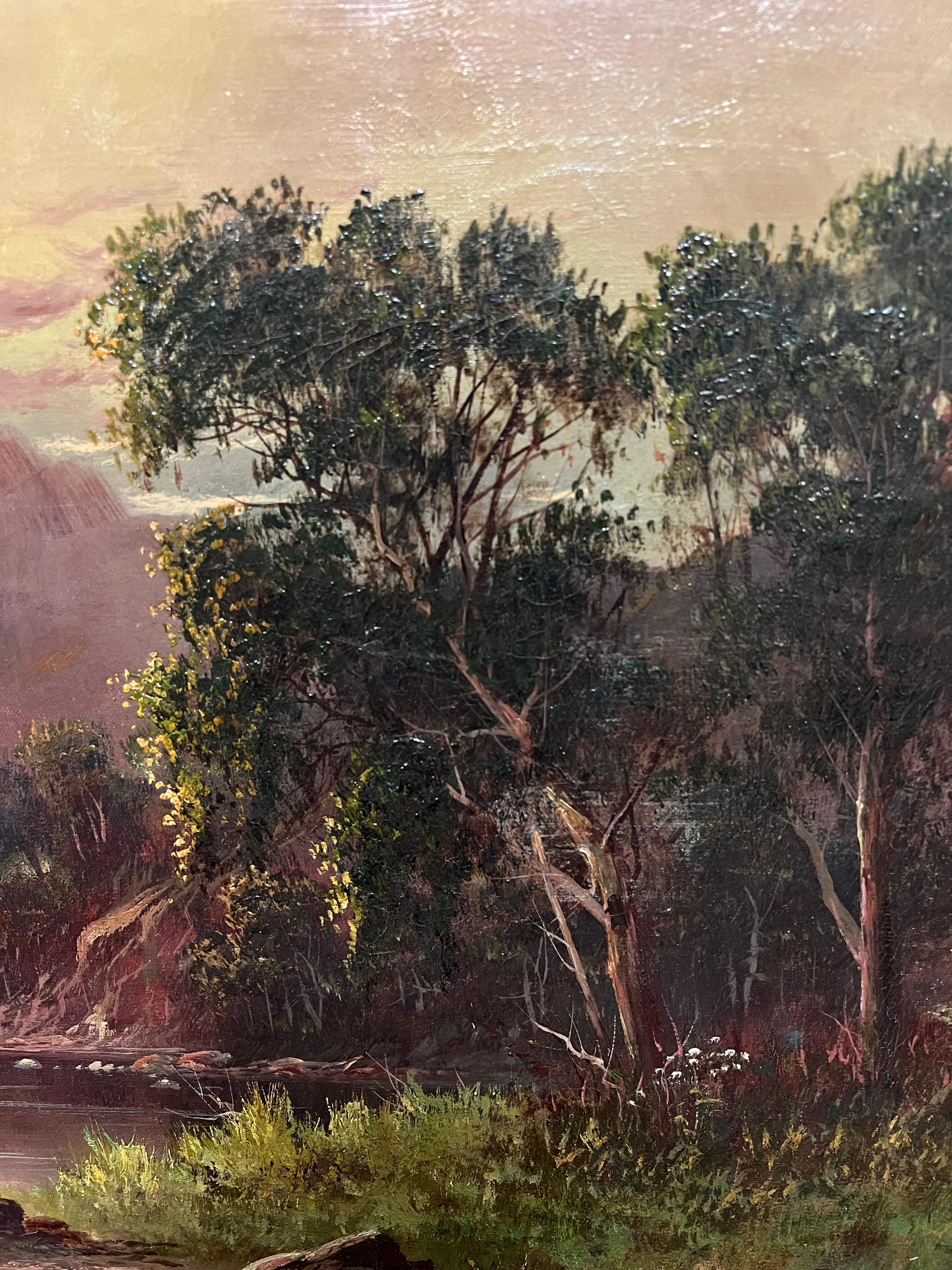 Antico dipinto a olio delle Highlands scozzesi Golden Hour Majestic Highland Loch Scene - Painting Vittoriano di F. E. Jamieson