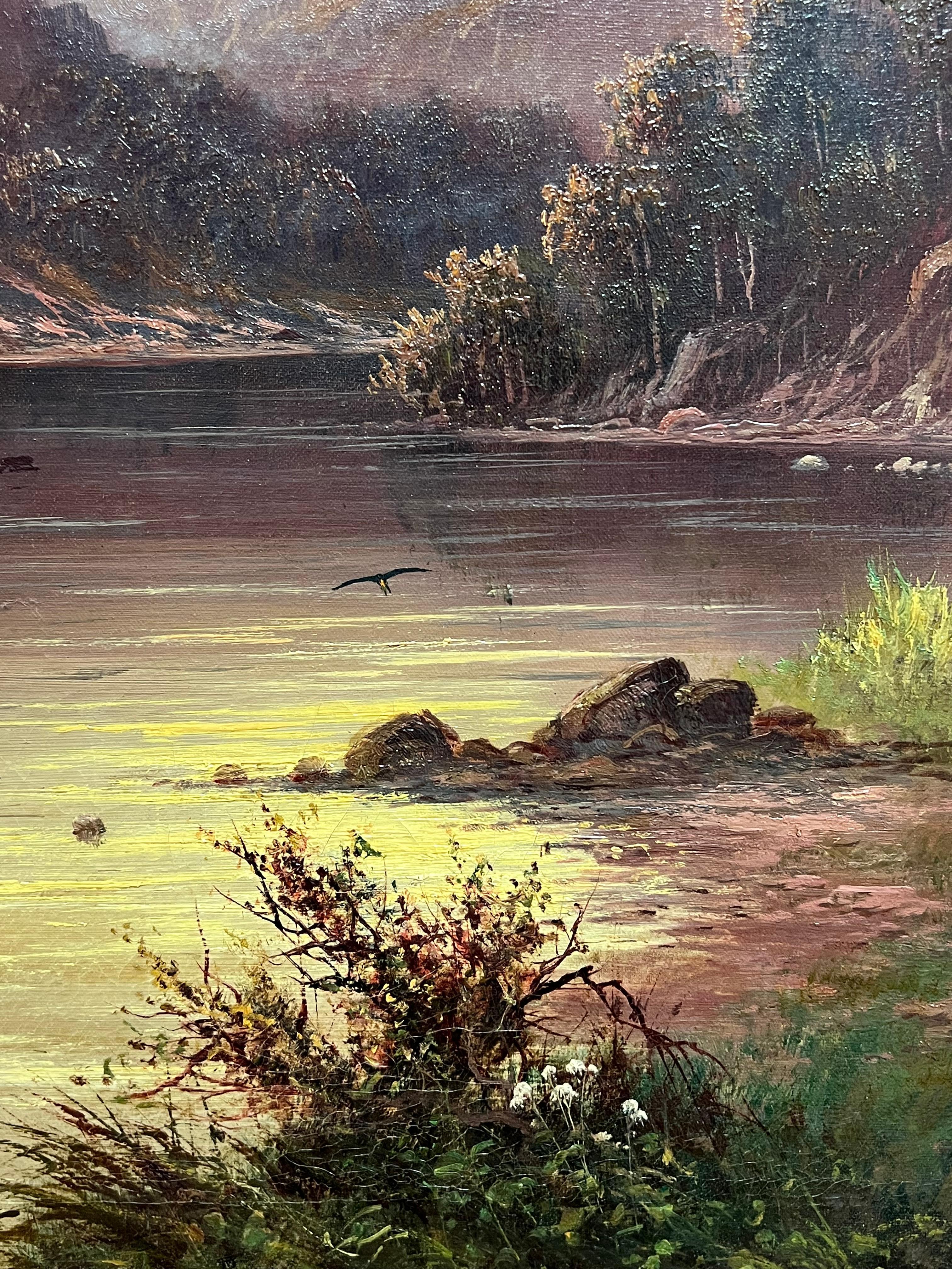 Antico dipinto a olio delle Highlands scozzesi Golden Hour Majestic Highland Loch Scene in vendita 1