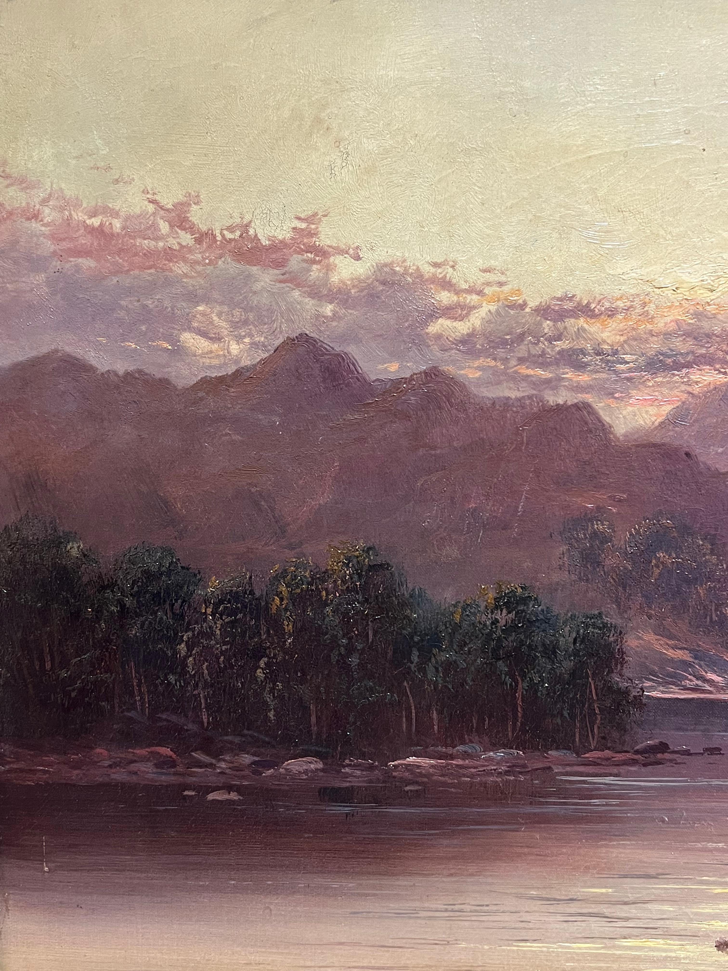 Antico dipinto a olio delle Highlands scozzesi Golden Hour Majestic Highland Loch Scene in vendita 3