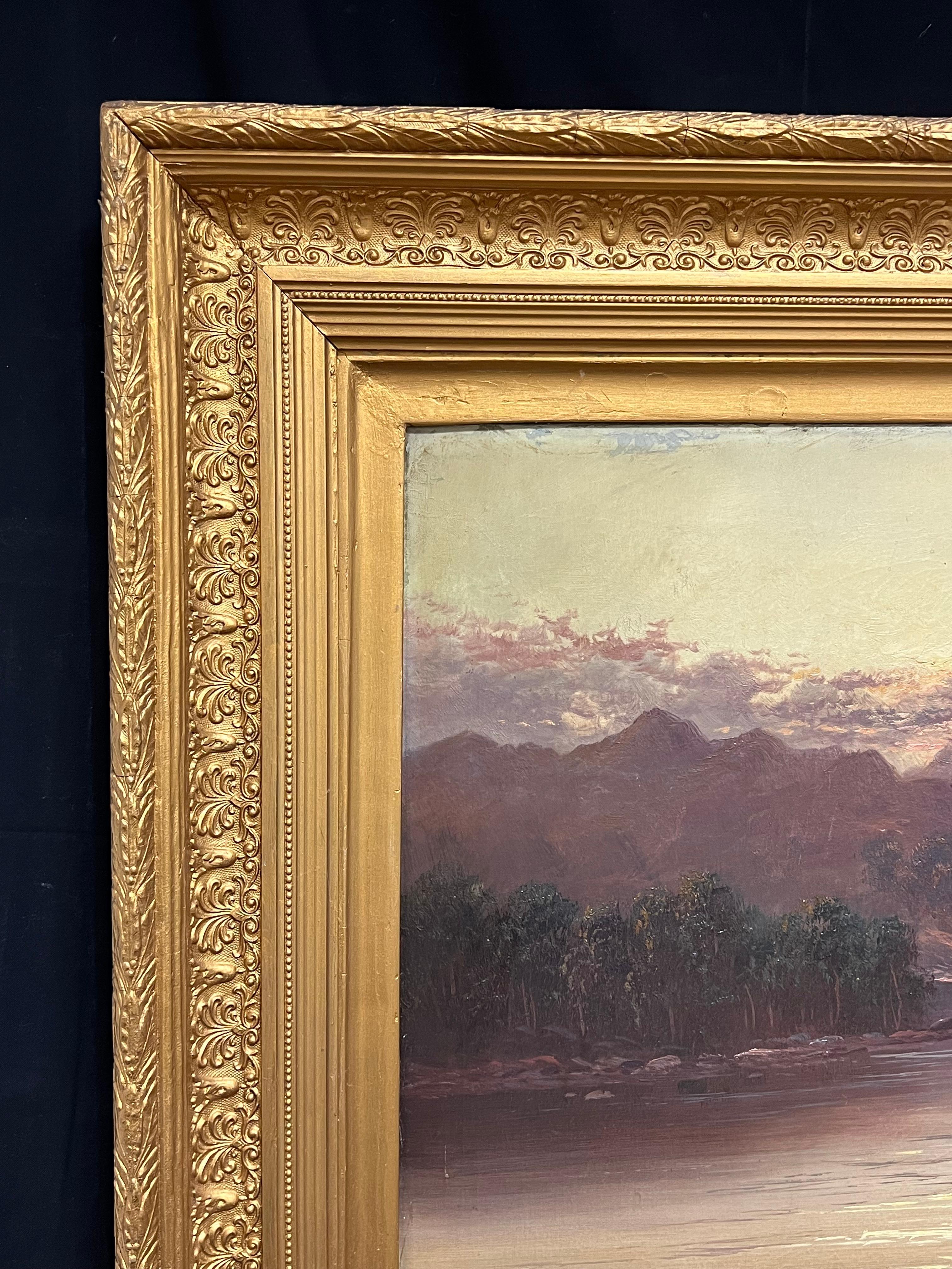 Antico dipinto a olio delle Highlands scozzesi Golden Hour Majestic Highland Loch Scene in vendita 4
