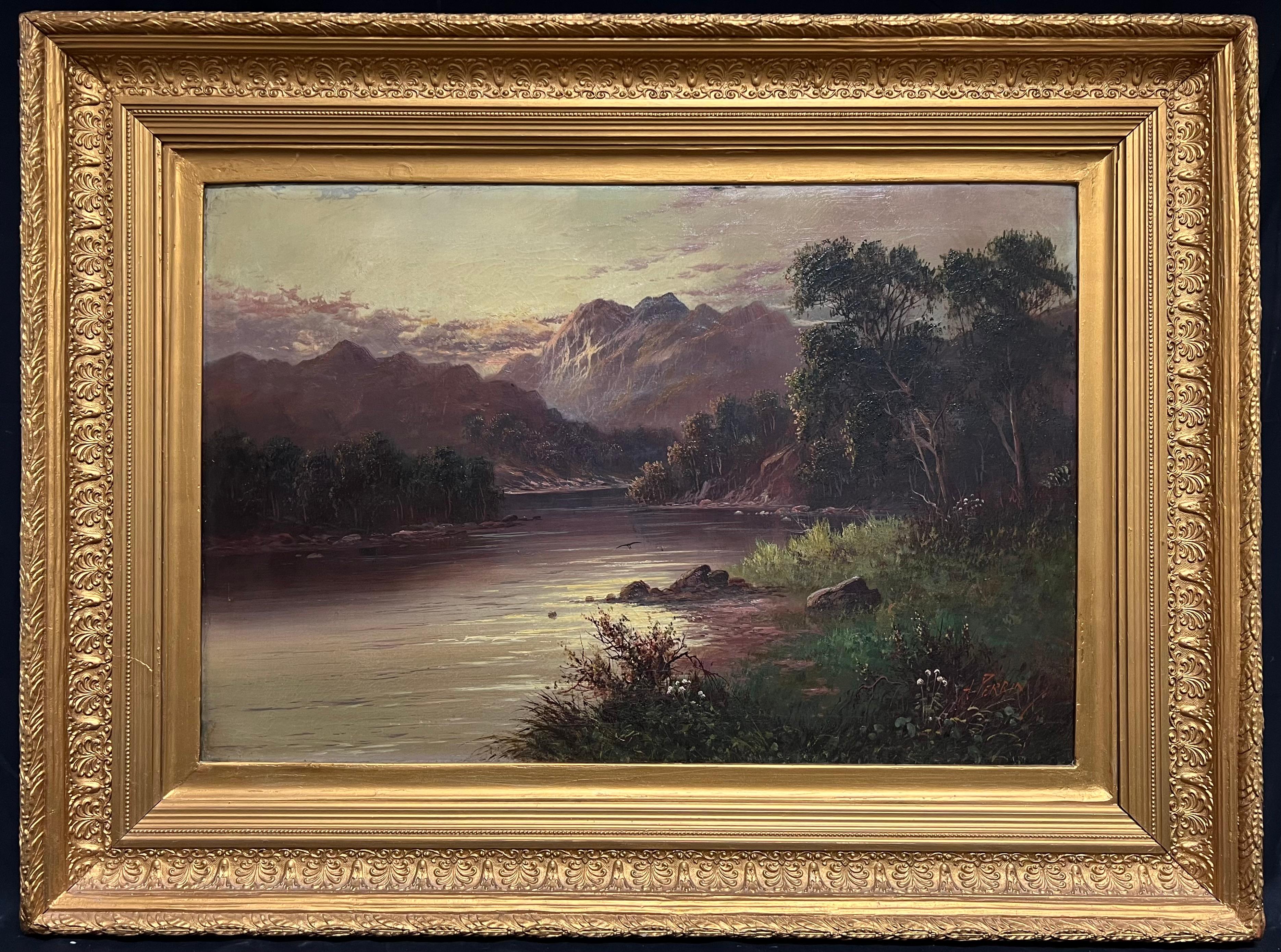 Landscape Painting di F. E. Jamieson - Antico dipinto a olio delle Highlands scozzesi Golden Hour Majestic Highland Loch Scene