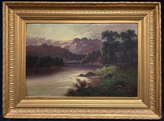 Pintura al Óleo Antigua de las Tierras Altas Escocesas Hora Dorada Majestuosa Escena de un Lago de las Tierras Altas