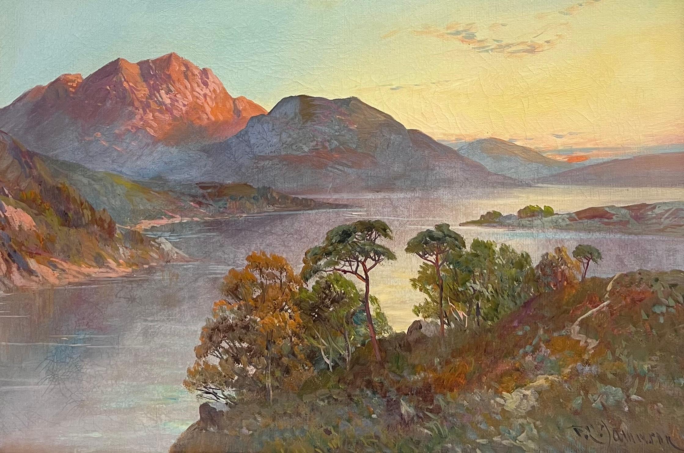 Antique Scottish Highlands Oil Painting Sunset over Highland Loch Lomond - Black Landscape Painting by F. E. Jamieson