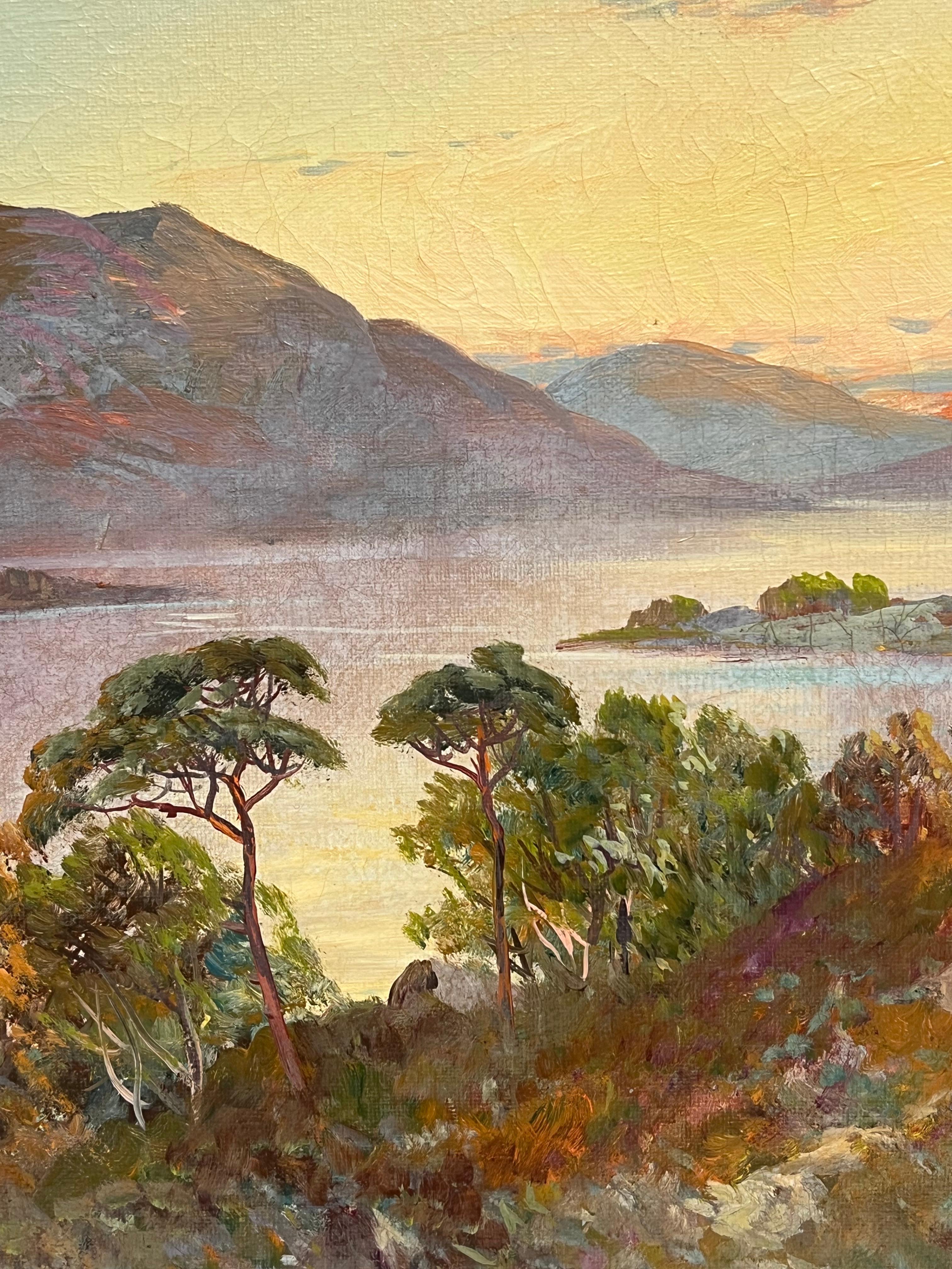 Antique Scottish Highlands Oil Painting Sunset over Highland Loch Lomond For Sale 2