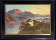 Antique Scottish Highlands Oil Painting Sunset over Highland Loch Lomond