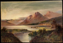 Antique Scottish Highlands Pink Sunset Over Loch Tay Oil Painting Landscape