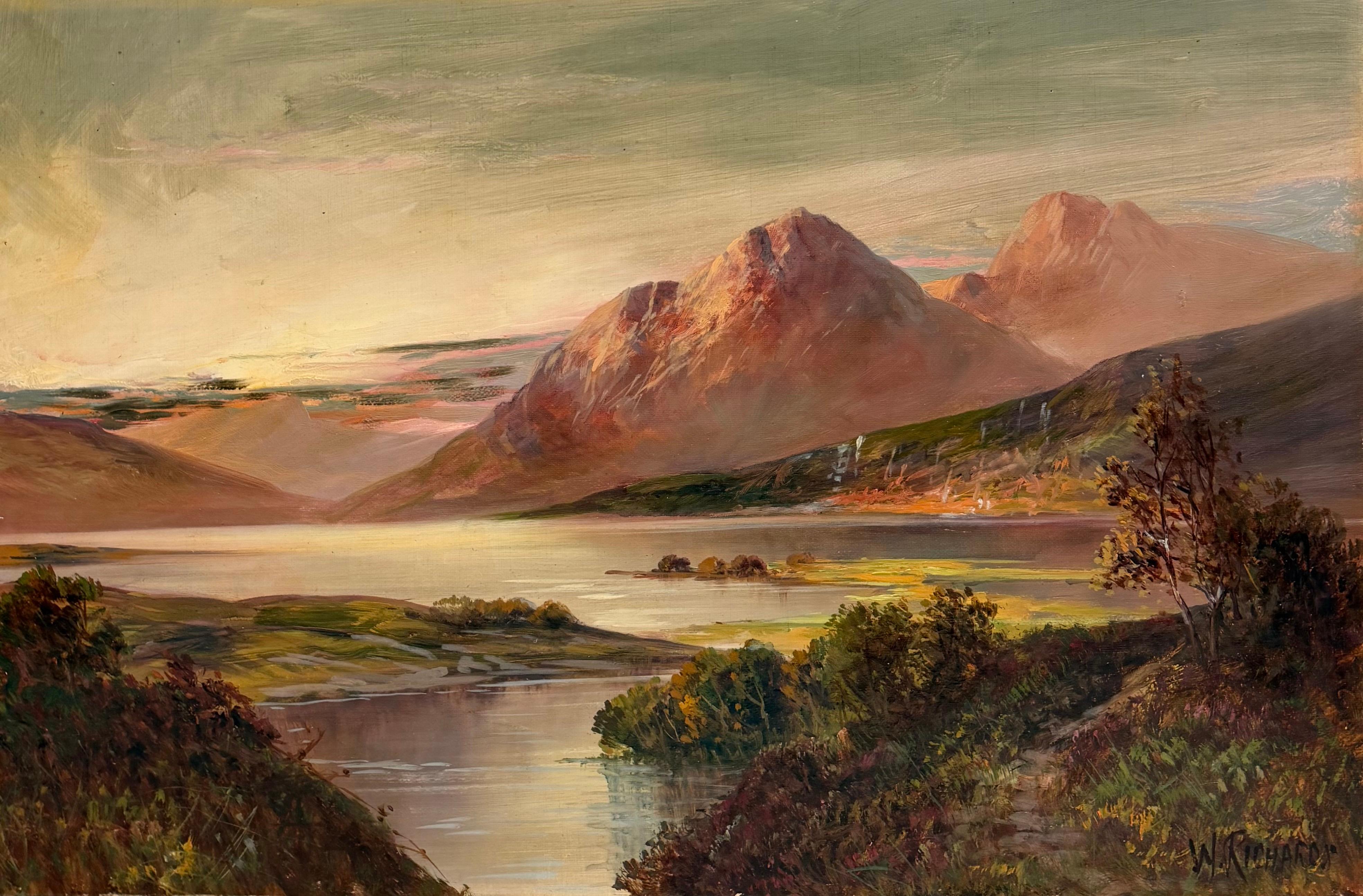 Antique Scottish Highlands Pink Sunset Over Loch Tay Oil Painting Landscape