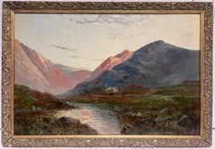 Antique Scottish Highlands Signed Oil Painting Romantic Sunset Cottage Glen