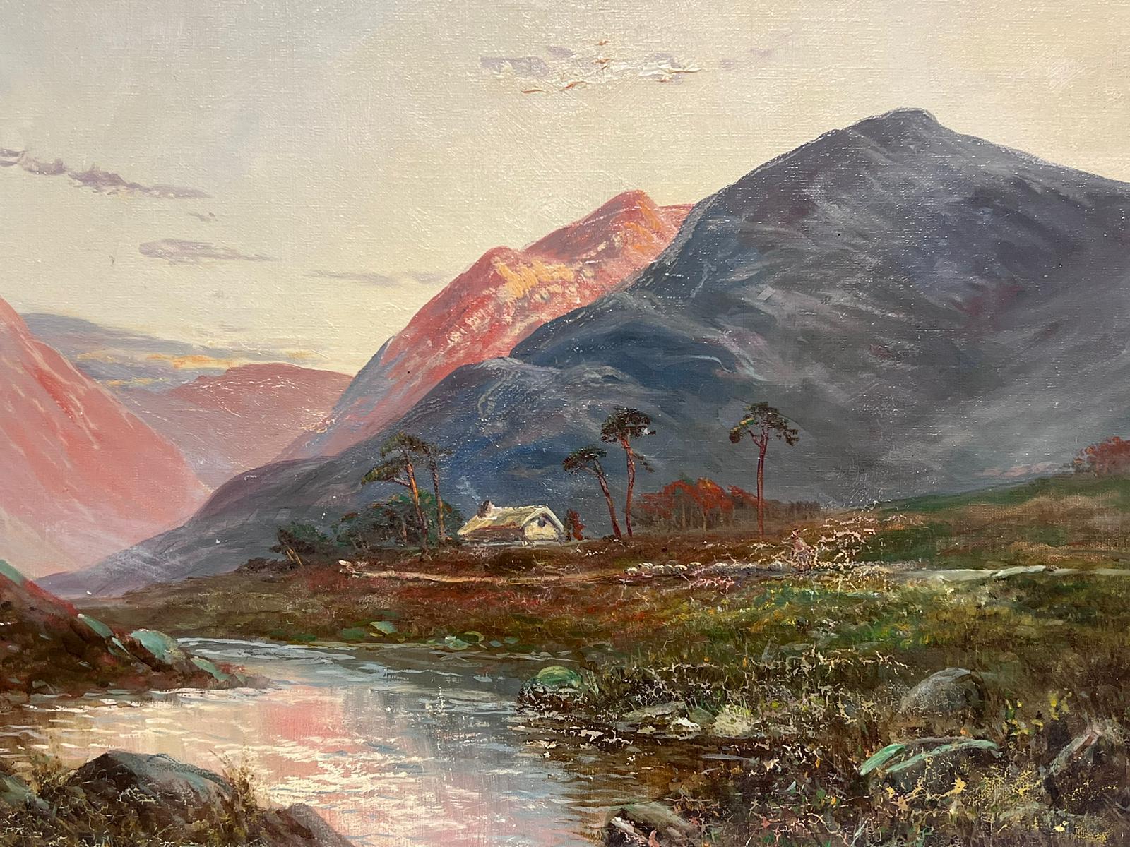 Antique Scottish Highlands Signed Oil Painting Romantic Sunset Cottage Glen For Sale 2