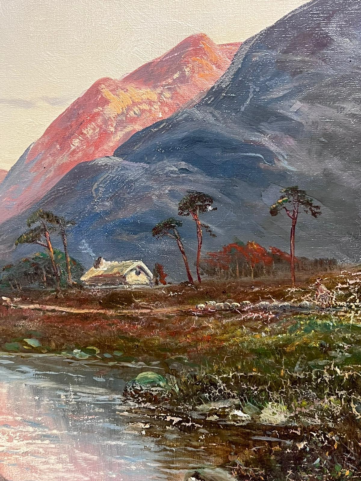Antique Scottish Highlands Signed Oil Painting Romantic Sunset Cottage Glen For Sale 6