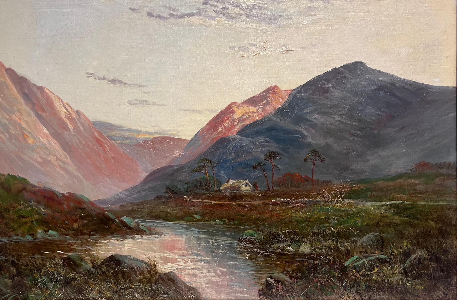 F. E. Jamieson Landscape Painting - Antique Scottish Highlands Signed Oil Painting Romantic Sunset Cottage Glen