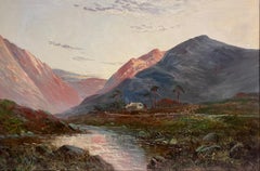 Antique Scottish Highlands Signed Oil Painting Romantic Sunset Cottage Glen