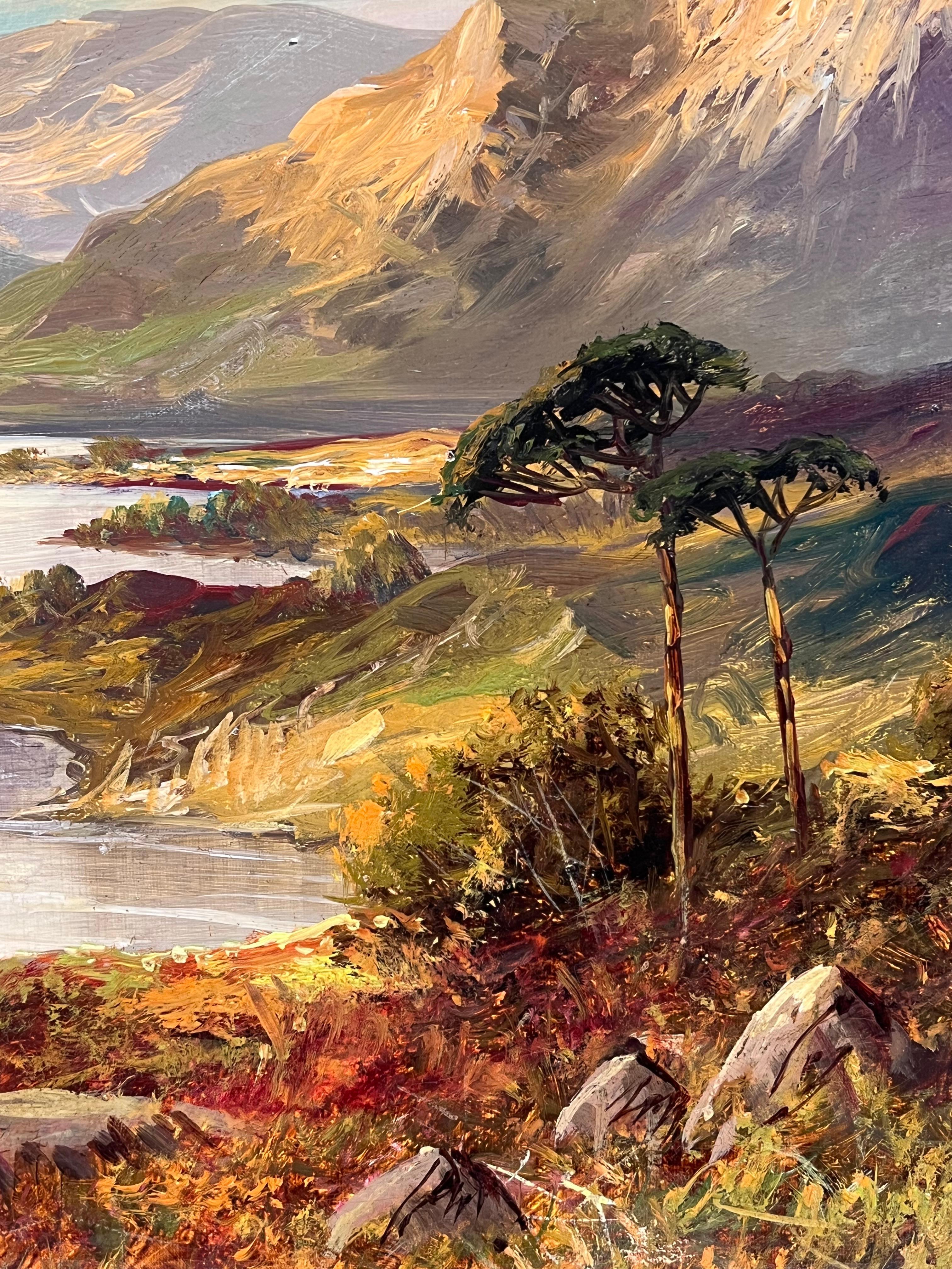 Peinture à l'huile ancienne signée Scottish Highlands Sunset over the Loch Landscape en vente 5