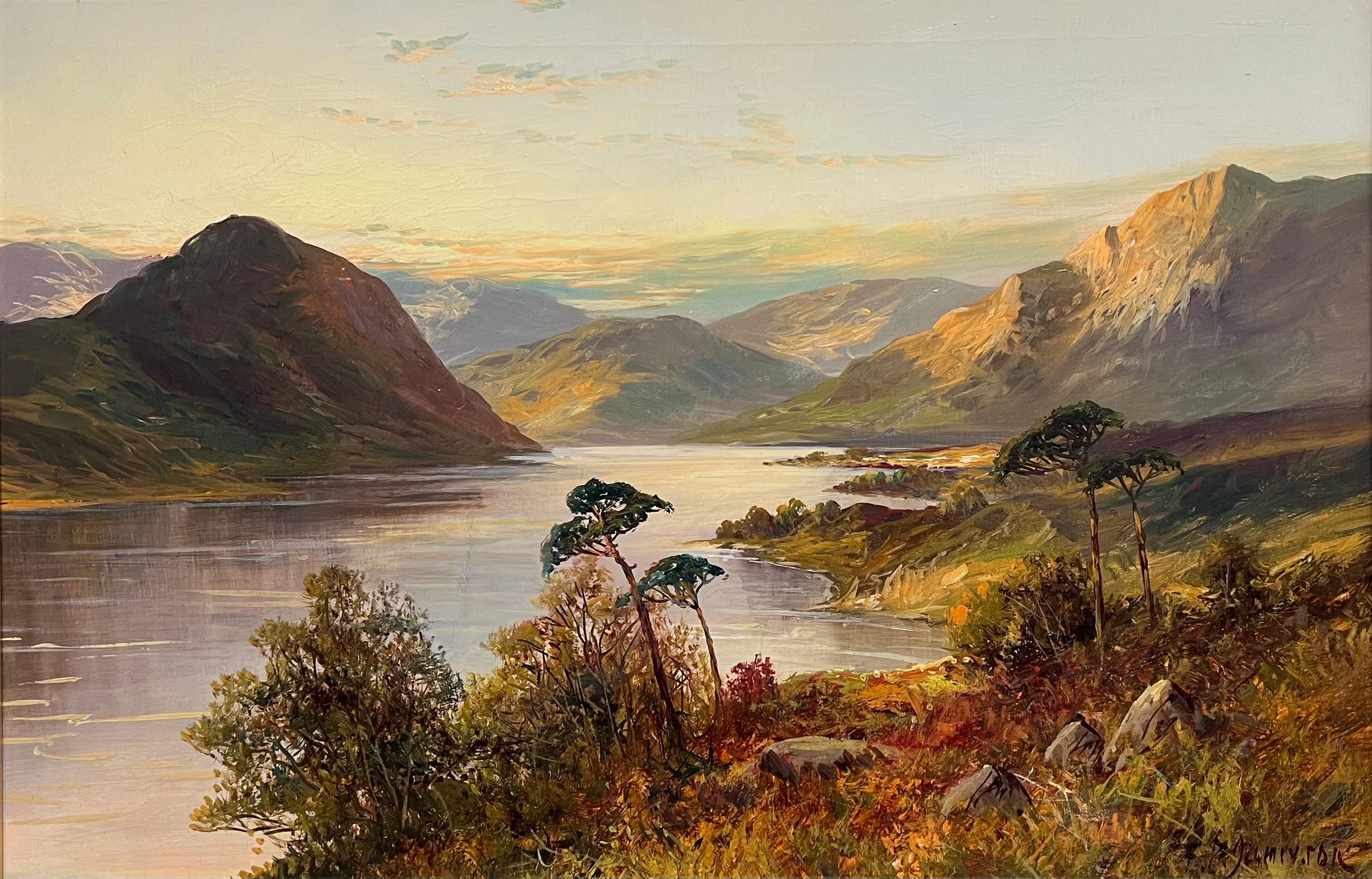 Peinture à l'huile ancienne signée Scottish Highlands Sunset over the Loch Landscape - Painting de F. E. Jamieson