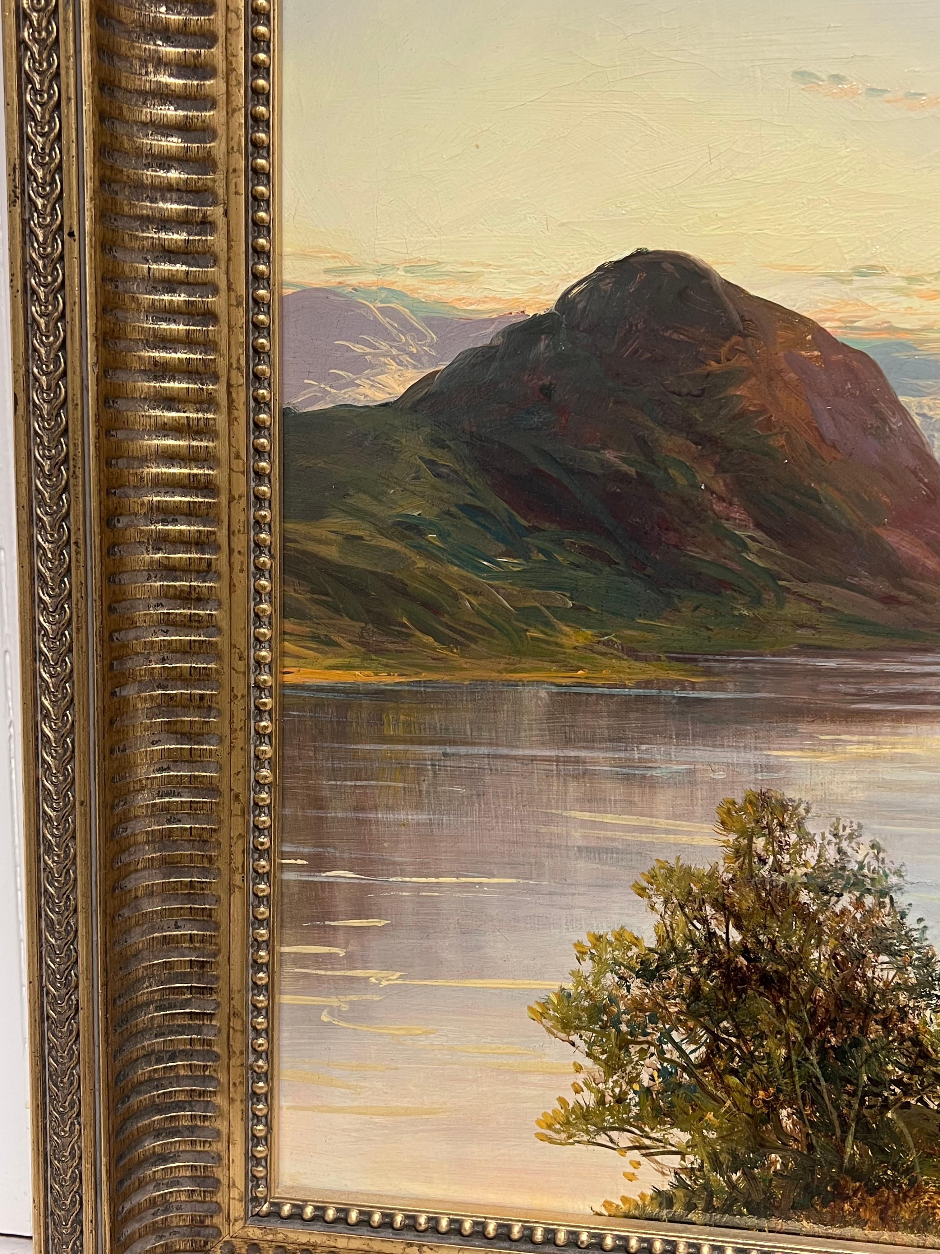 Peinture à l'huile ancienne signée Scottish Highlands Sunset over the Loch Landscape - Marron Landscape Painting par F. E. Jamieson