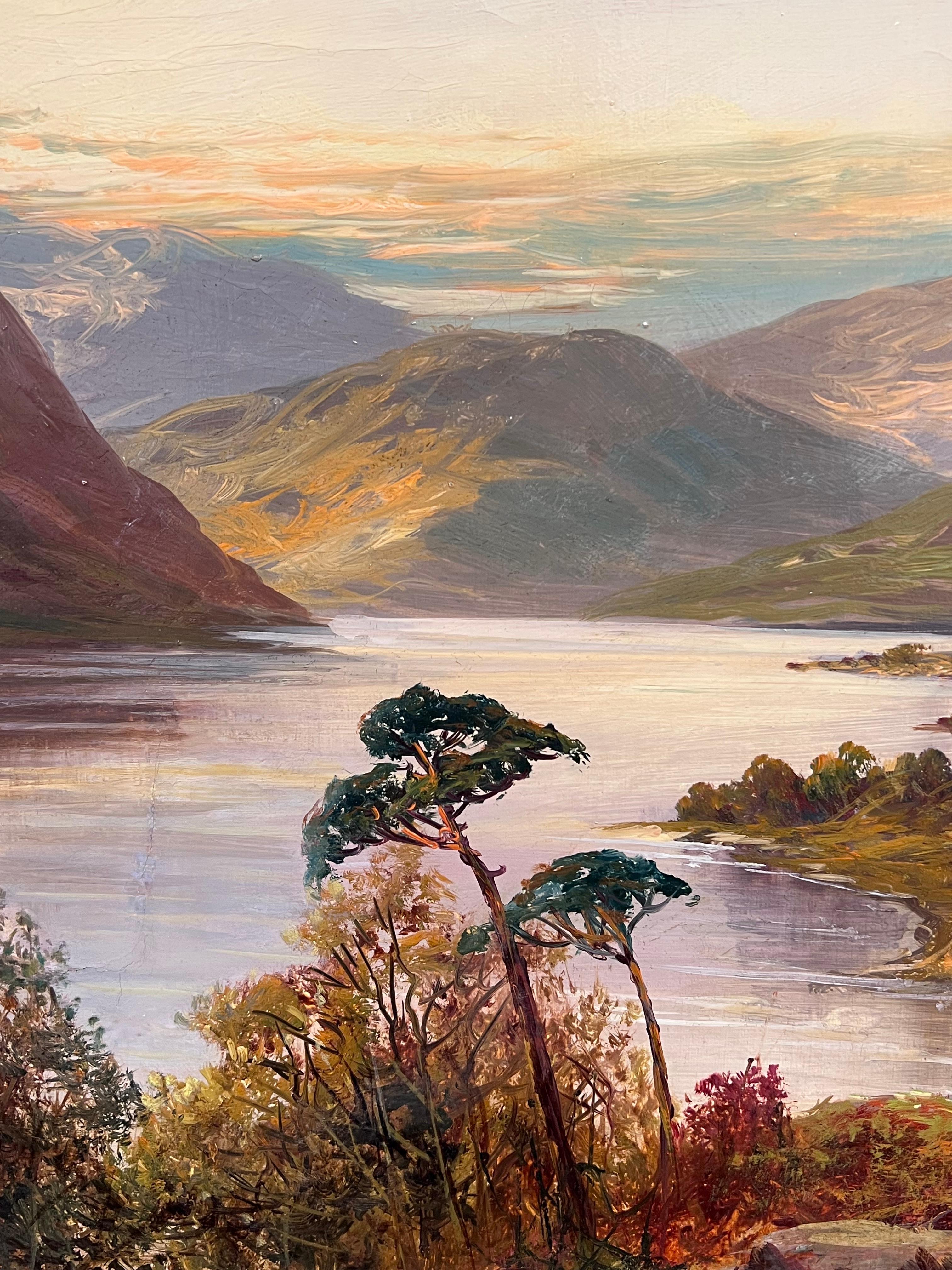 Peinture à l'huile ancienne signée Scottish Highlands Sunset over the Loch Landscape en vente 2