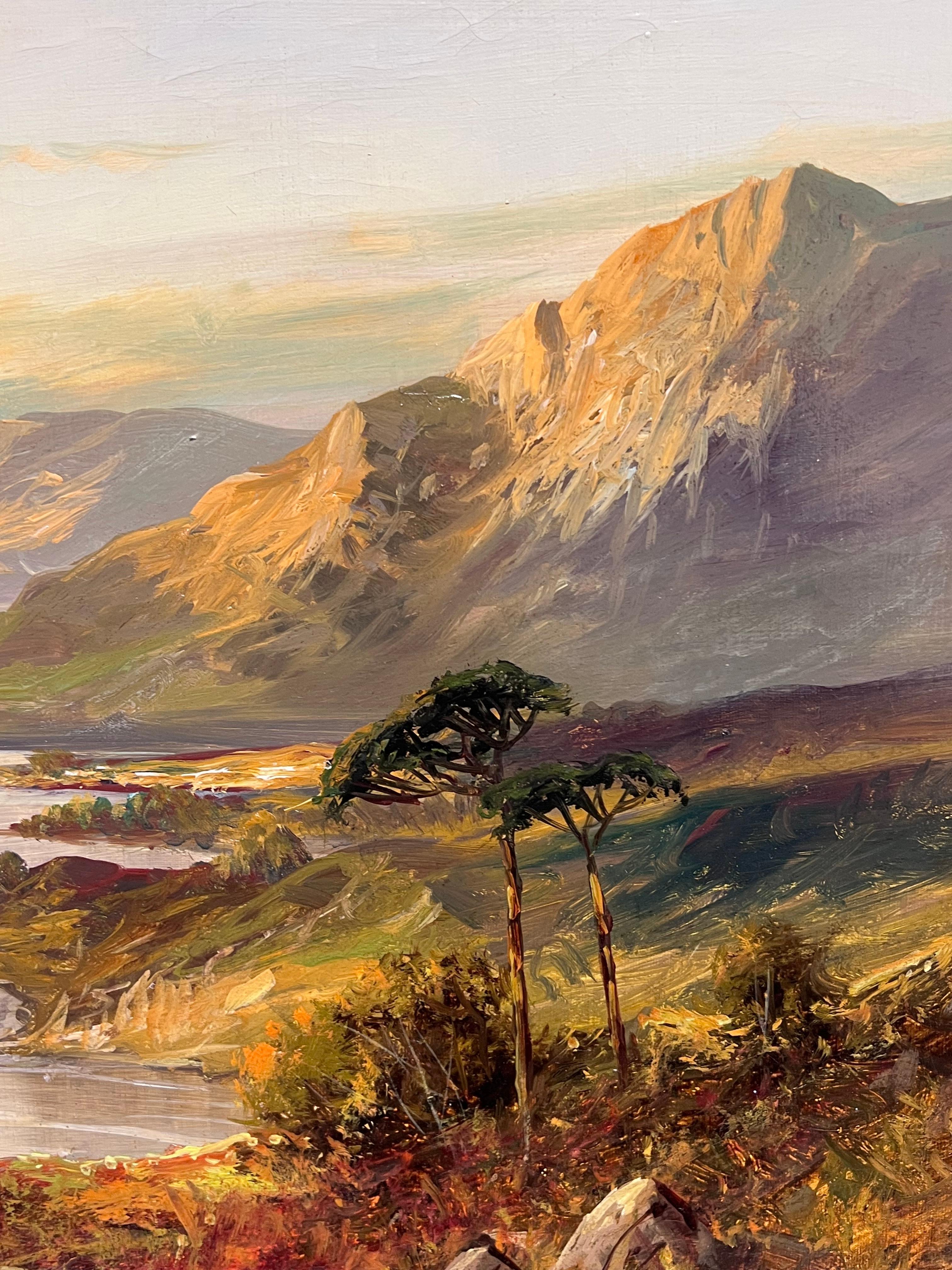 Peinture à l'huile ancienne signée Scottish Highlands Sunset over the Loch Landscape en vente 3