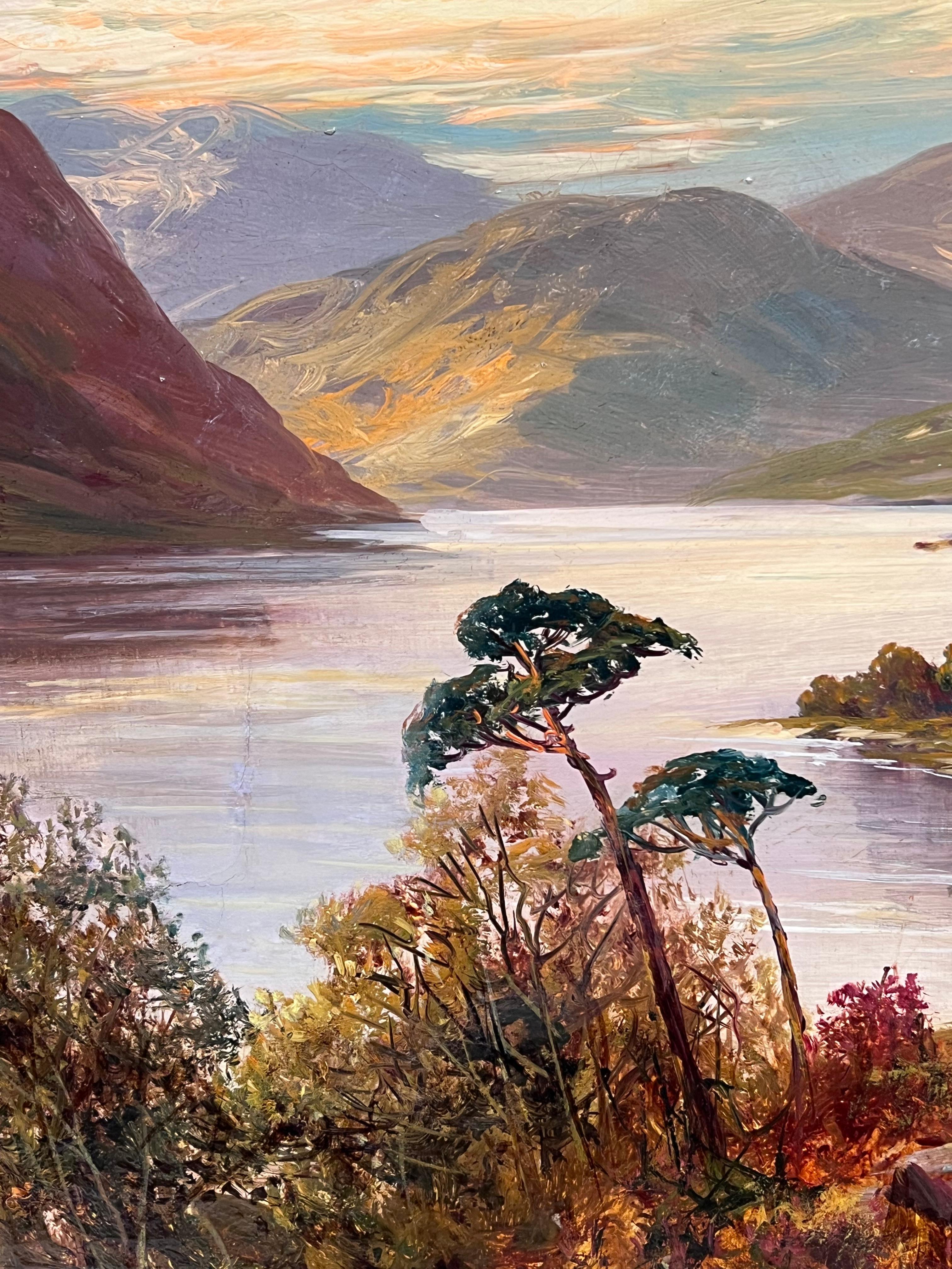 Peinture à l'huile ancienne signée Scottish Highlands Sunset over the Loch Landscape en vente 4