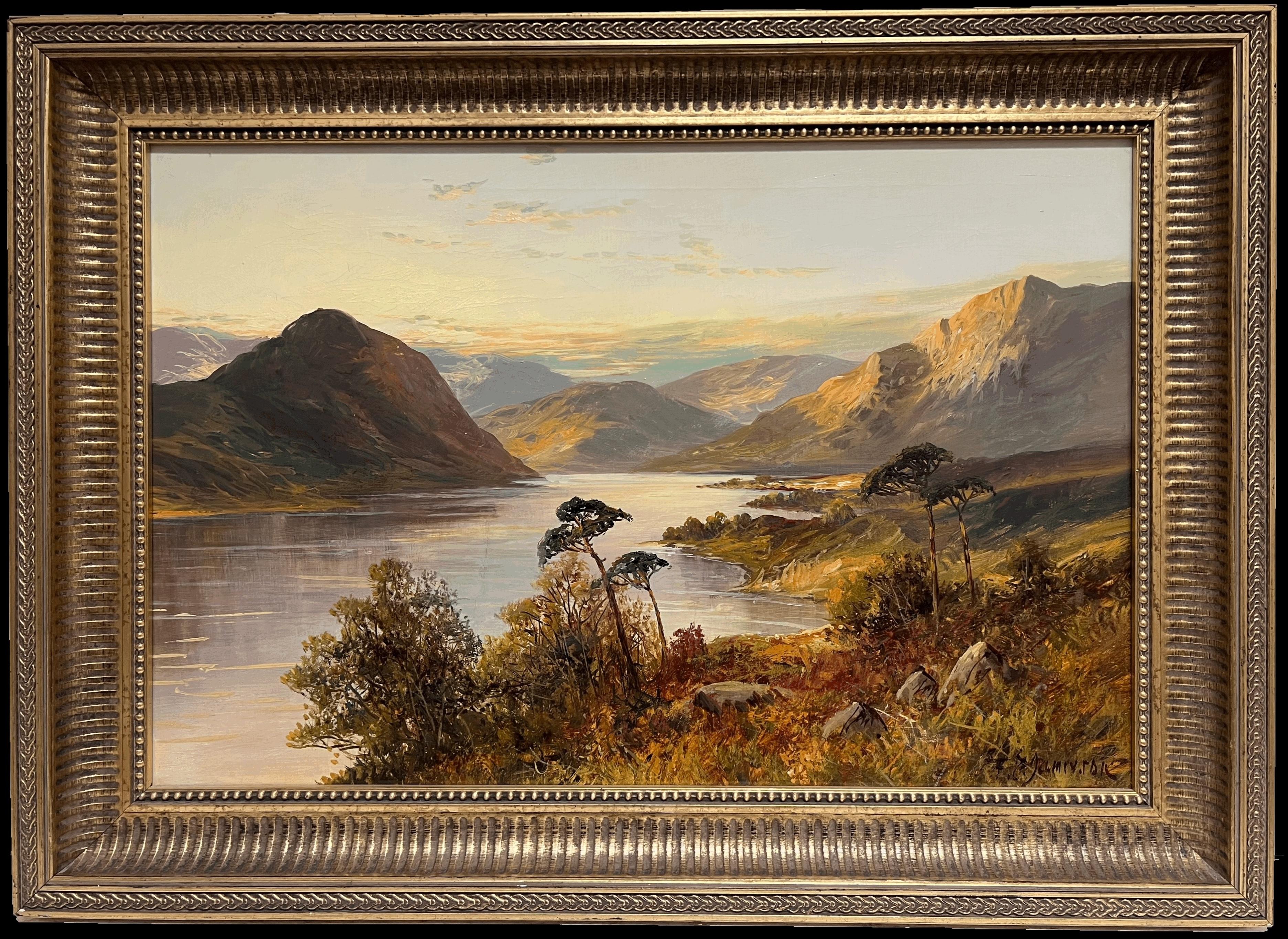 Antique Scottish Highlands Sunset over the Loch Landscape Signed Oil Painting
