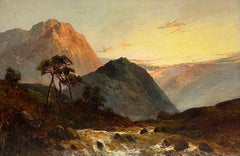 Antique Scottish Highlands Sunset over the River Glen Valley Signed Oil Painting