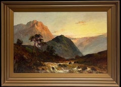 Antiguo cuadro al óleo firmado "Atardecer en las Highlands escocesas sobre el valle del río Glen