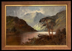 Antique Scottish Highlands Traditional Loch Scene Signed Oil Painting