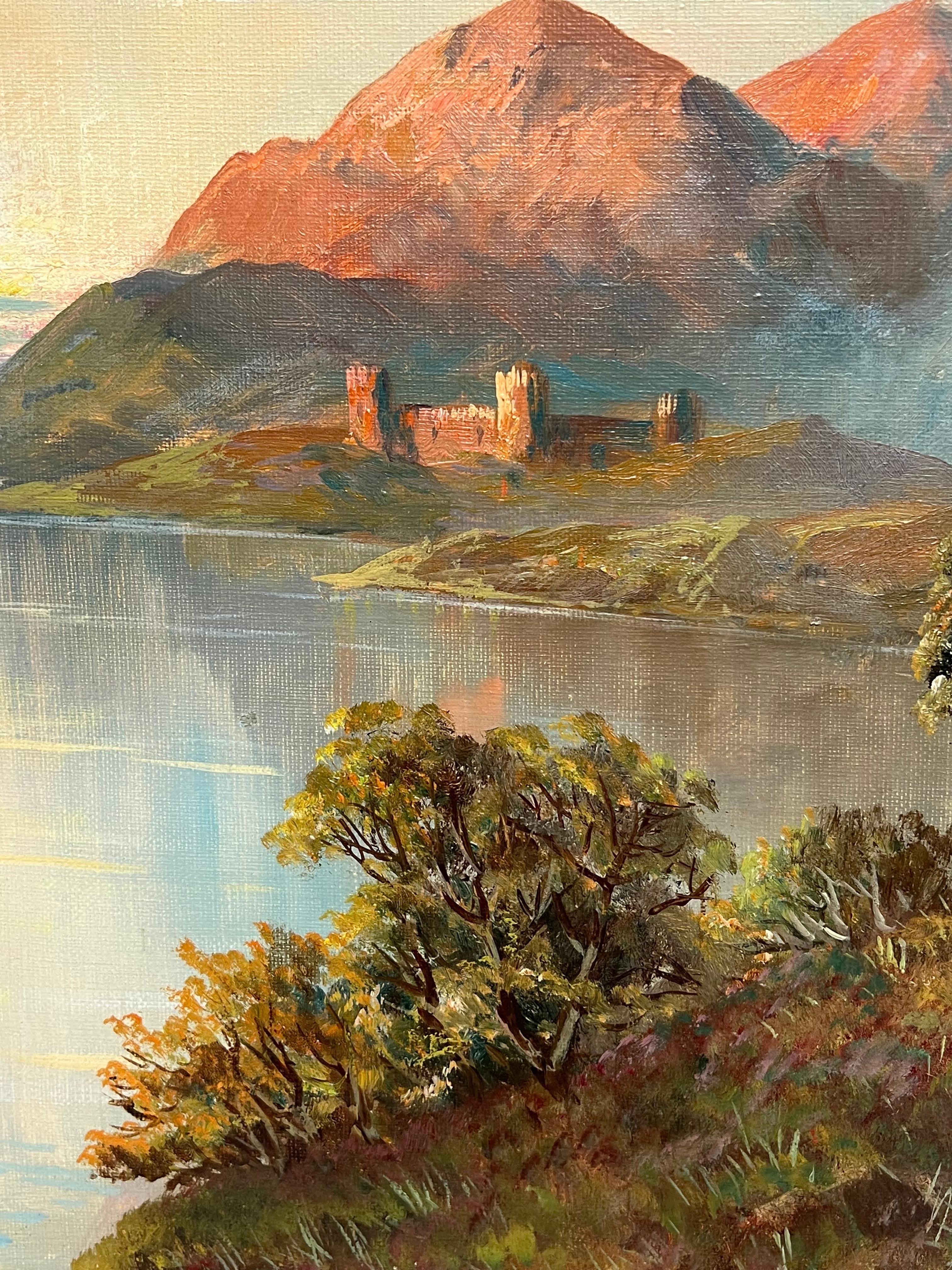 Antico paesaggio scozzese dipinto a olio Castello con vista sul Loch delle Highlands Tramonto in vendita 6