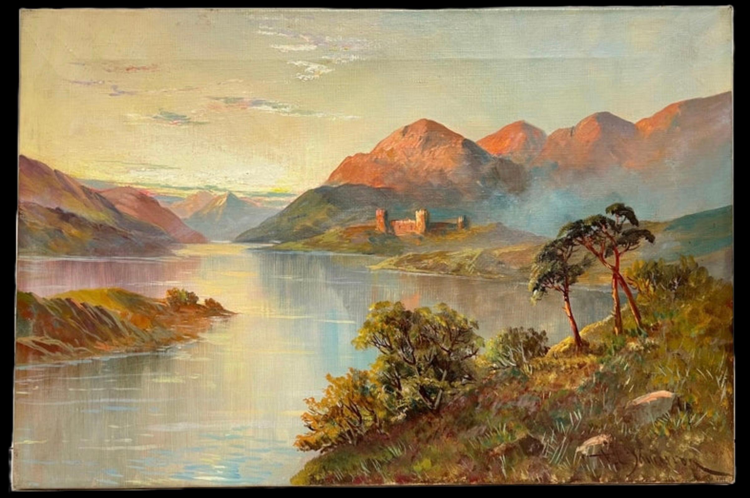 Antico paesaggio scozzese dipinto a olio Castello con vista sul Loch delle Highlands Tramonto - Painting di F. E. Jamieson