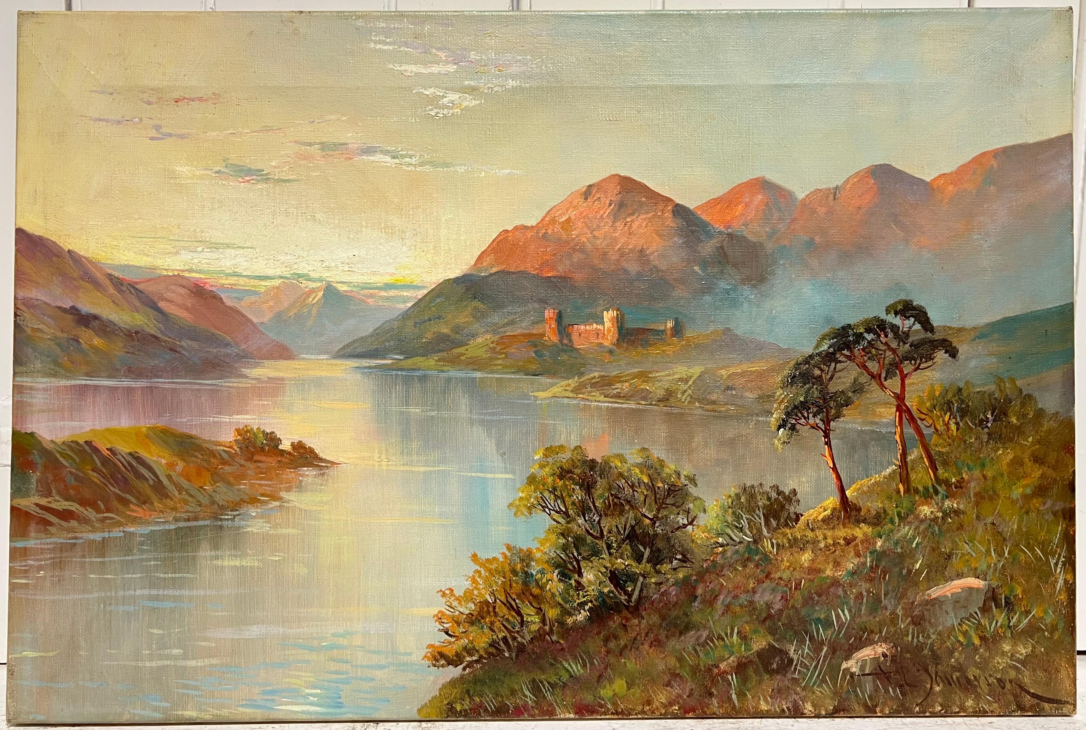 Antico paesaggio scozzese dipinto a olio Castello con vista sul Loch delle Highlands Tramonto - Painting Vittoriano di F. E. Jamieson