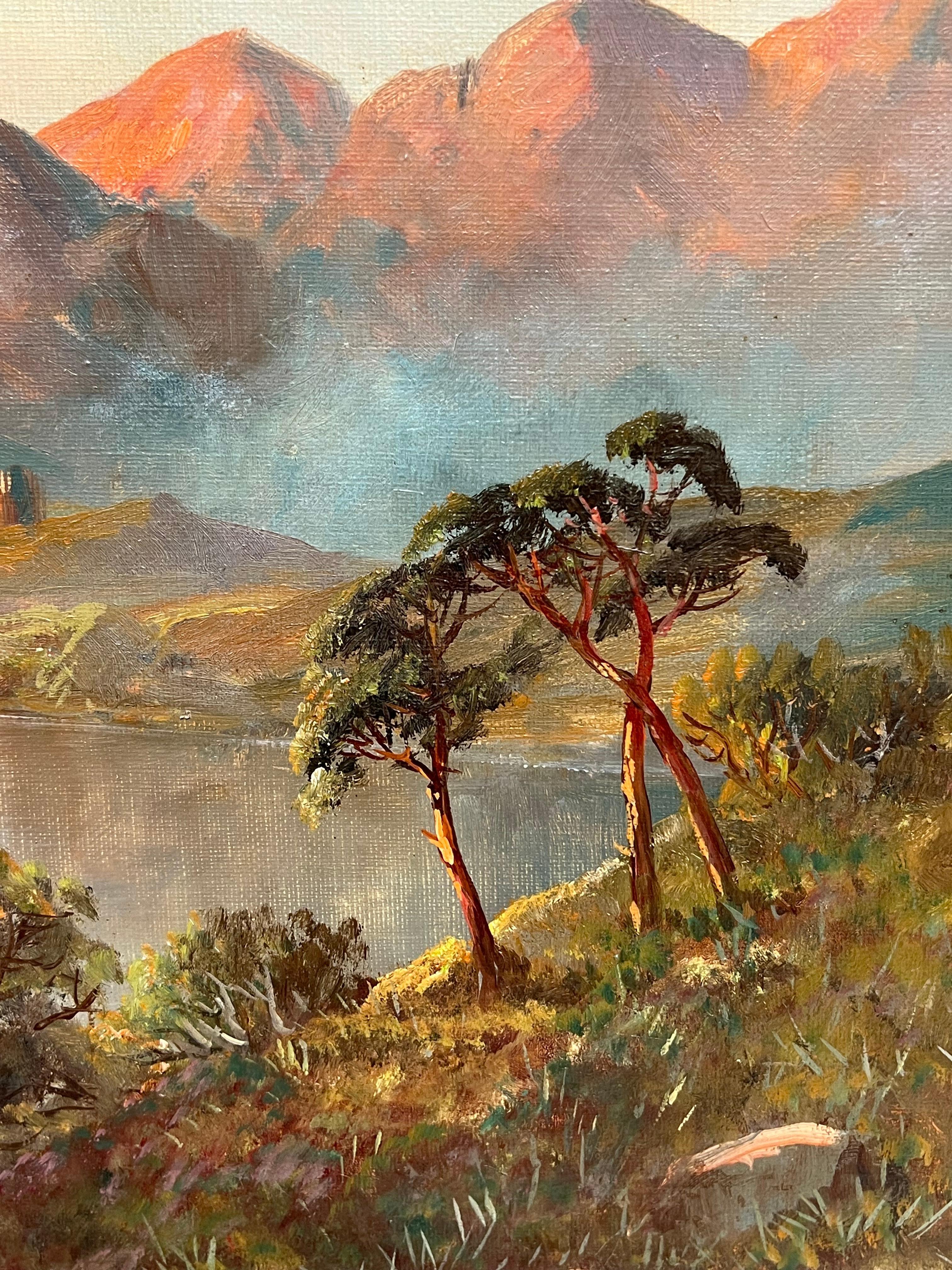 Antico paesaggio scozzese dipinto a olio Castello con vista sul Loch delle Highlands Tramonto - Landscape Painting Marrone di F. E. Jamieson