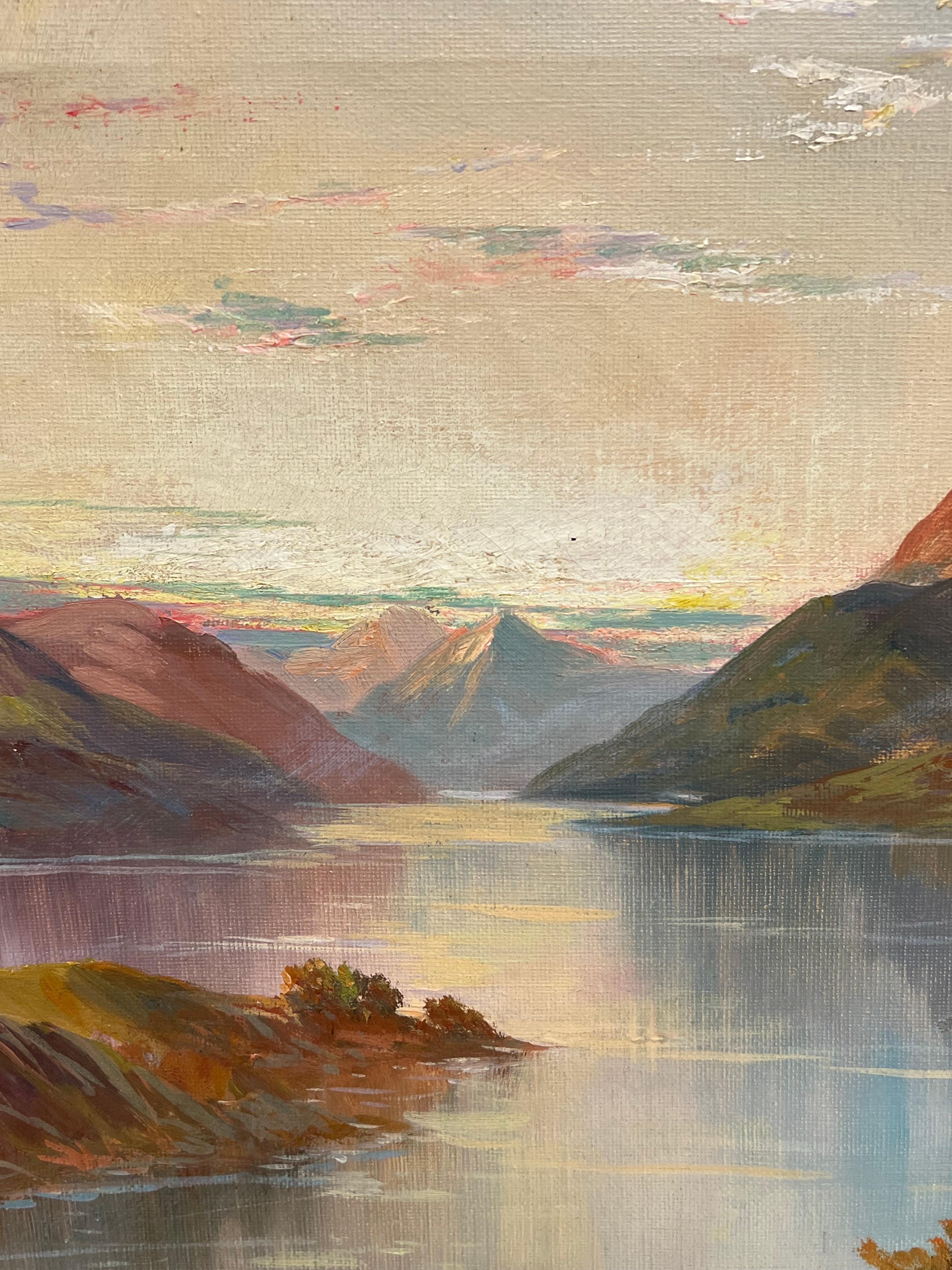 Antico paesaggio scozzese dipinto a olio Castello con vista sul Loch delle Highlands Tramonto in vendita 1
