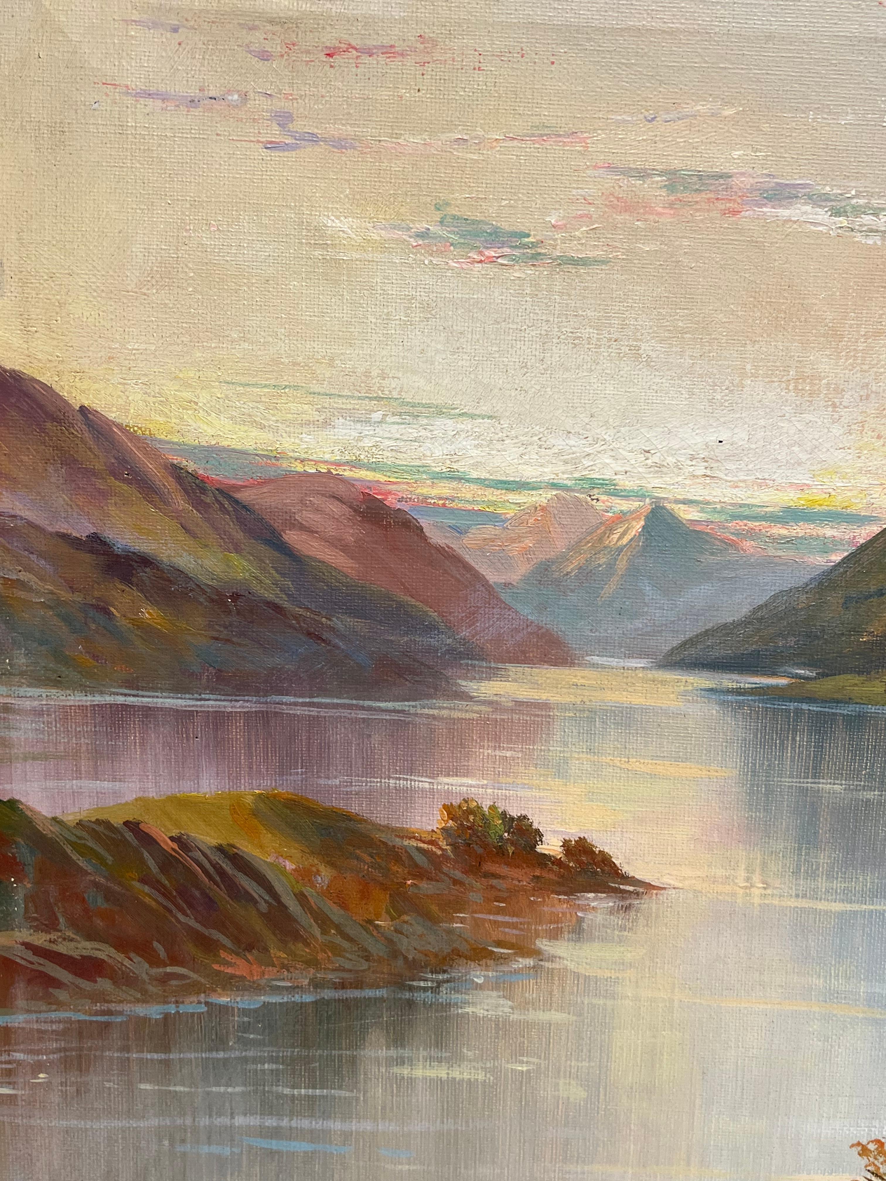 Antico paesaggio scozzese dipinto a olio Castello con vista sul Loch delle Highlands Tramonto in vendita 2