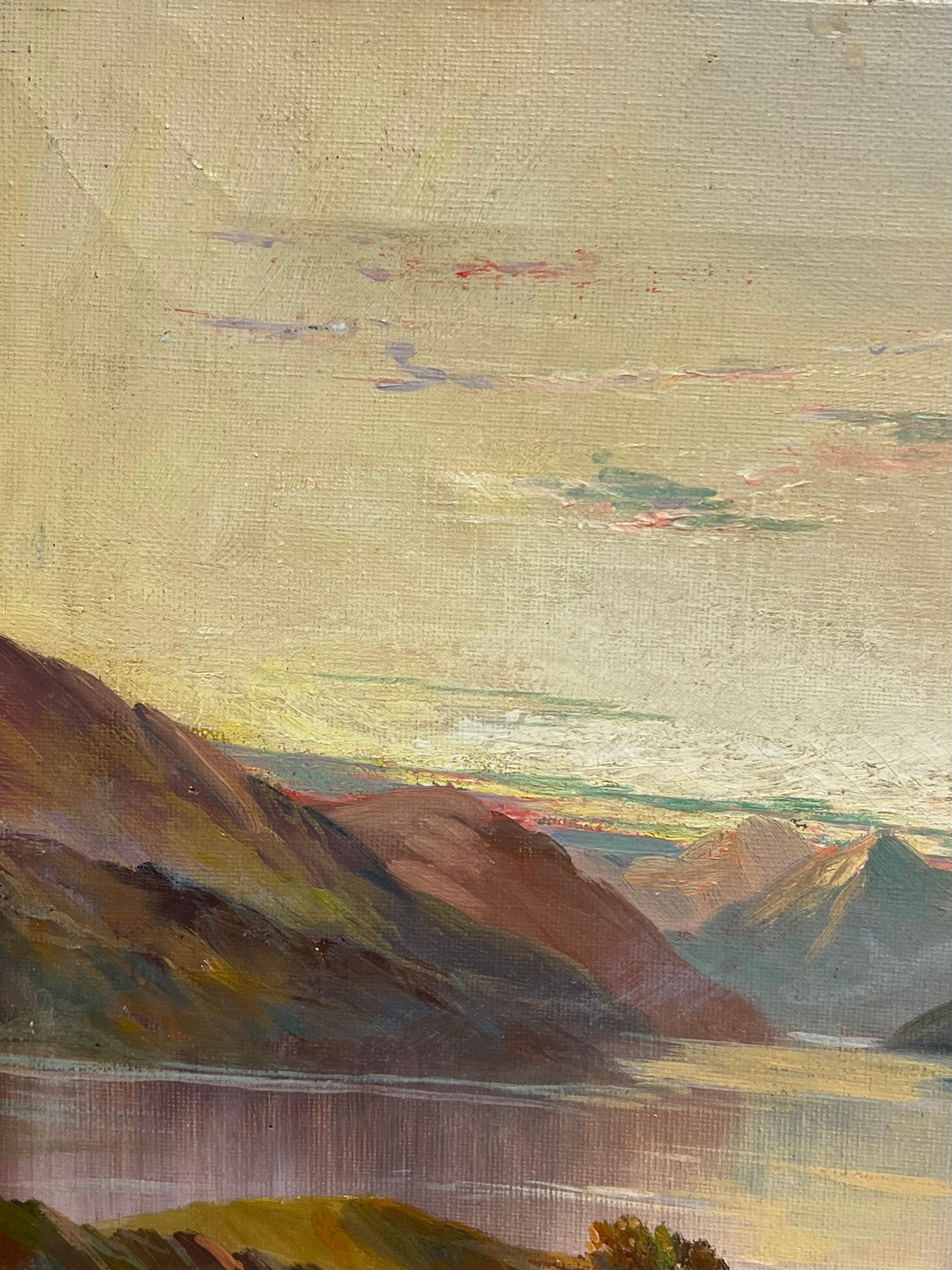 Antico paesaggio scozzese dipinto a olio Castello con vista sul Loch delle Highlands Tramonto in vendita 3