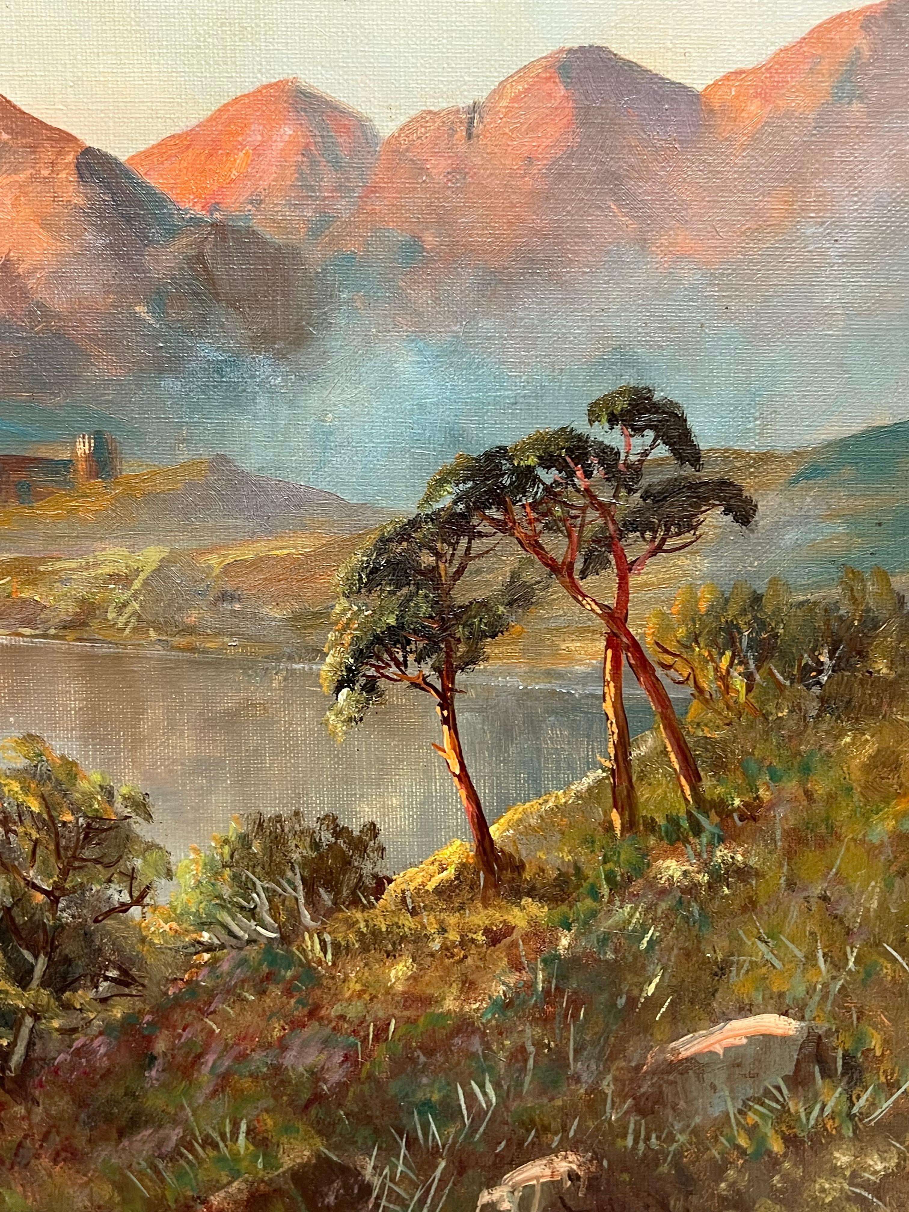 Antico paesaggio scozzese dipinto a olio Castello con vista sul Loch delle Highlands Tramonto in vendita 4