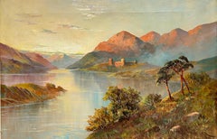 Antique Scottish Landscape Oil Painting Castle overlooking Highland Loch Sunset